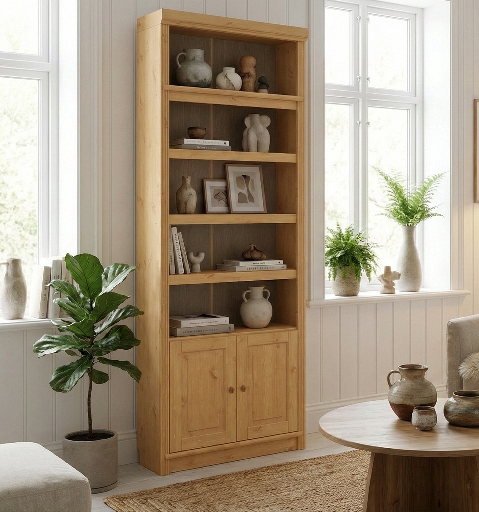 OTTO home Bücherregal »Soeren« aus massiver Kiefer, Höhe 220 cm, mit 2 Holztüren, viel Stauraum