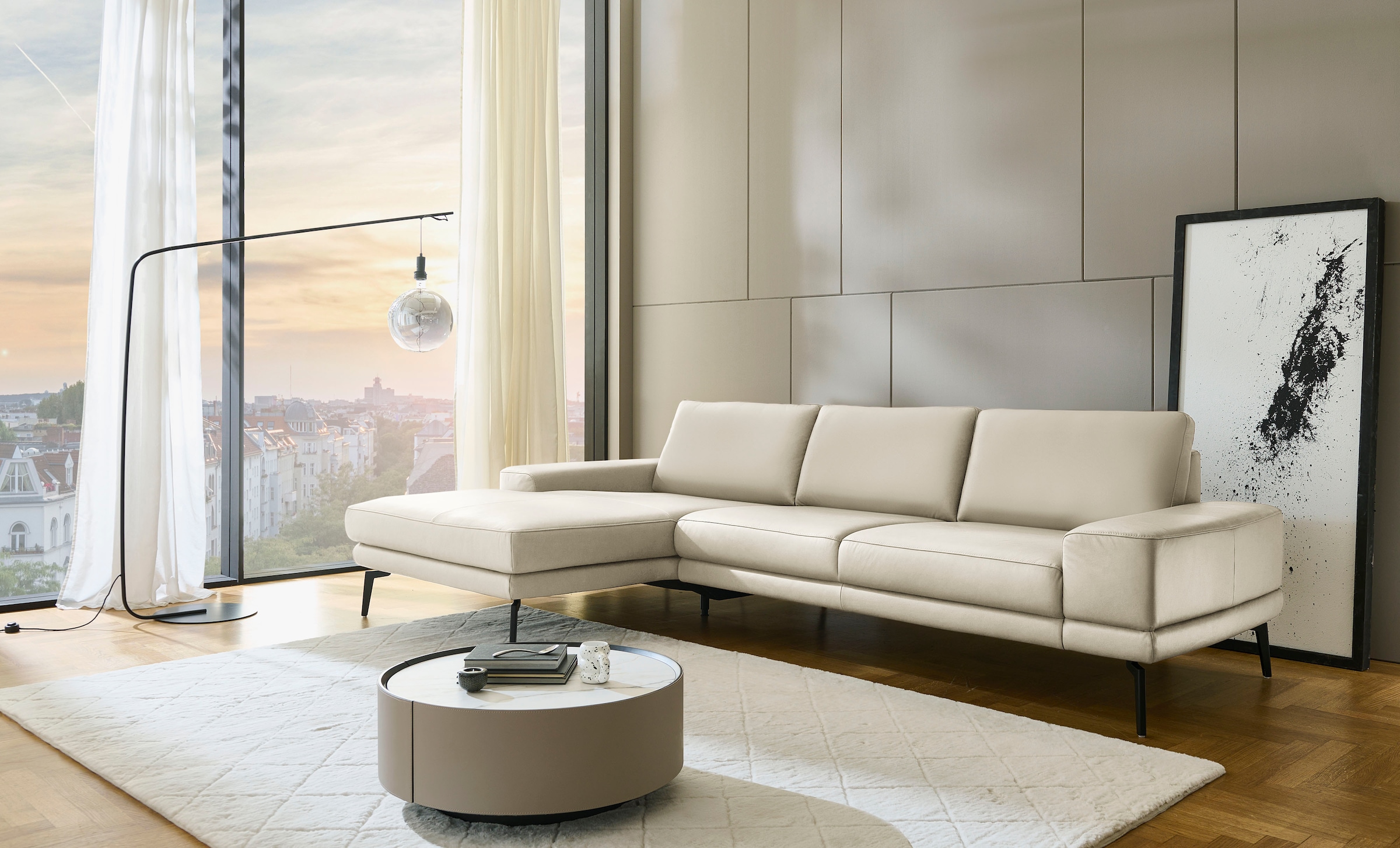 Die PlanBar Ecksofa »PN-EM20061, wahlweise frei im Raum stellbar« wahlweise mit echt bezogenem Rücken und Sitztiefenverstellung