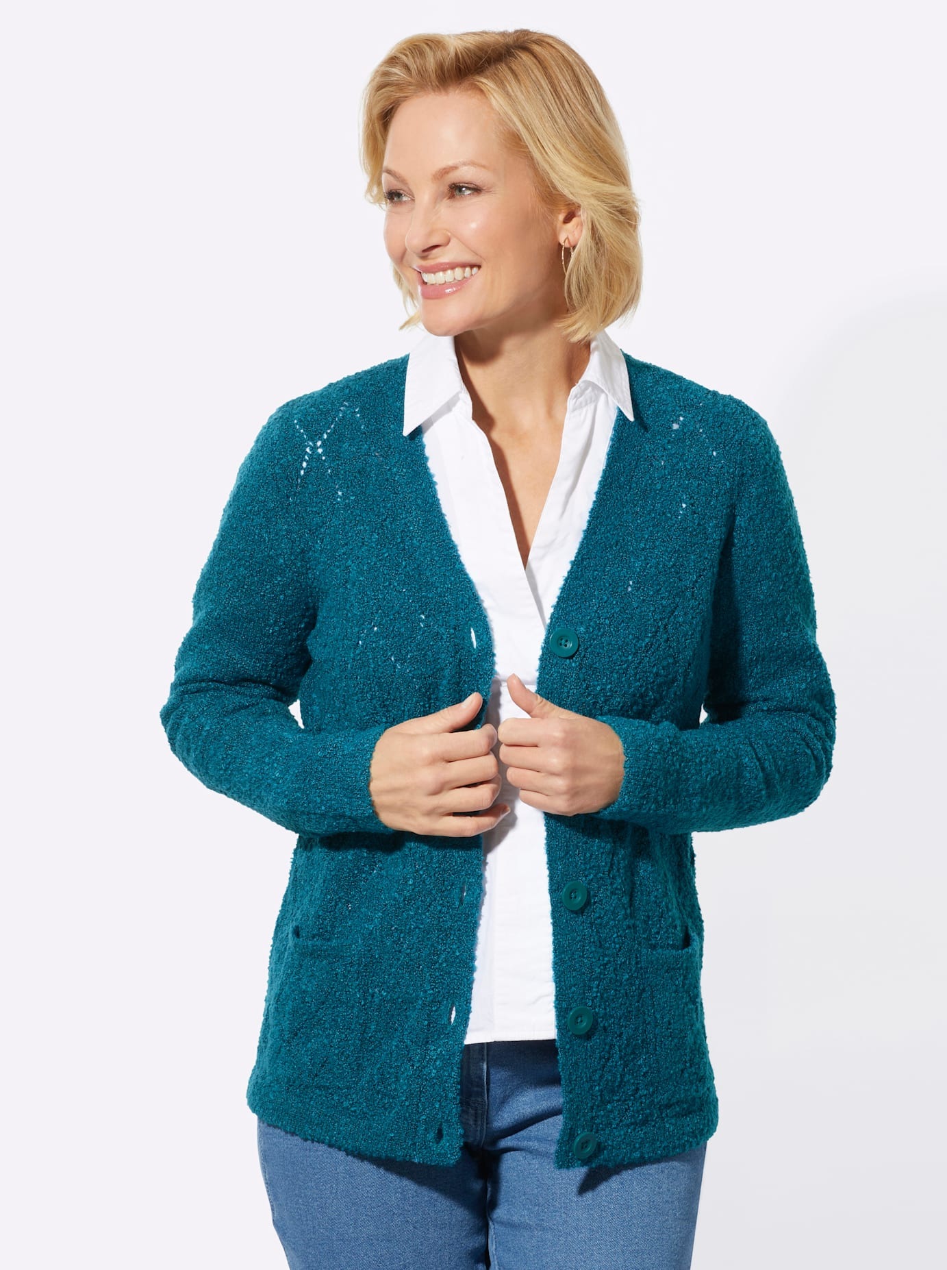 Strickjacke CLASSIC BASICS, Damen, Gr. 42, bunt (aquapetrol, meliert), 75% Polyacryl, 20% Polyester, 5% Polyamid, meliert, Strickjacken Strickjacke