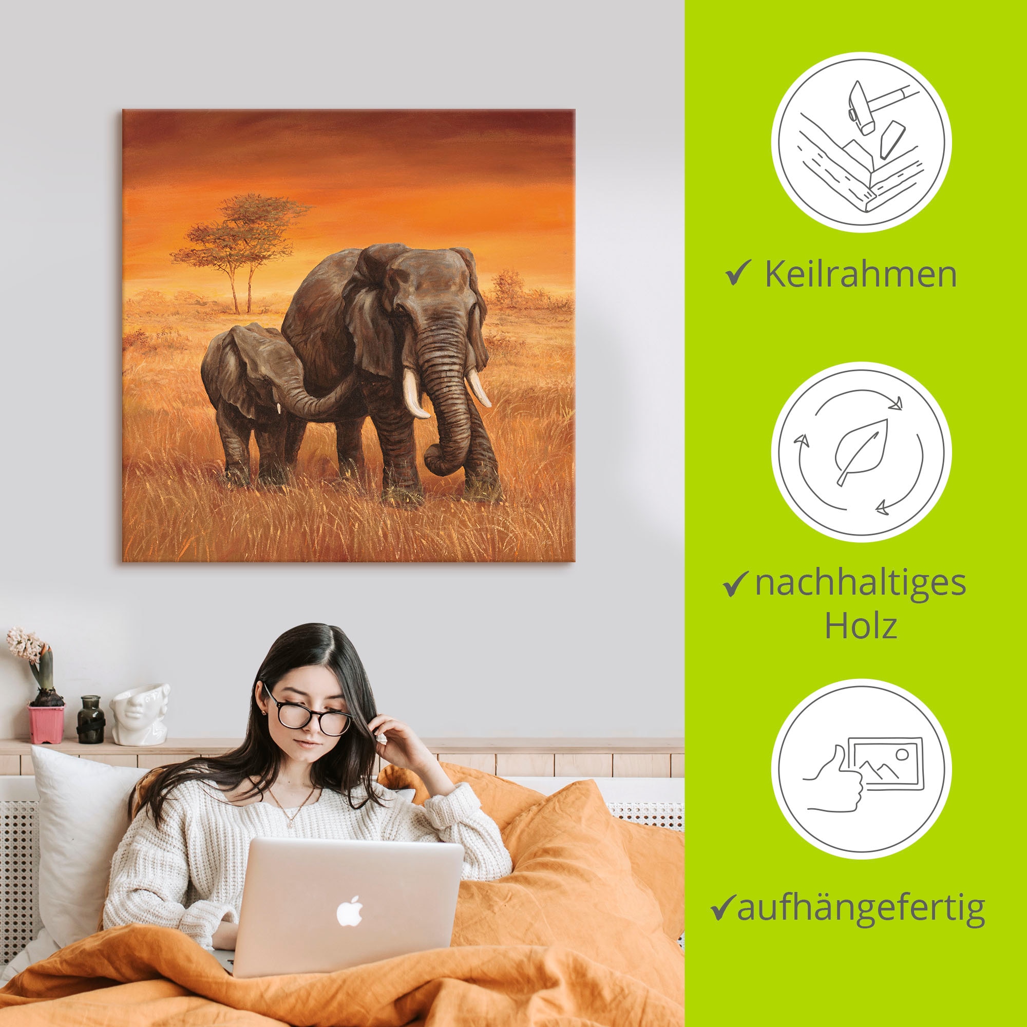 Artland Wandbild »Elefanten II«, Wildtiere, (1 St.), als Alubild, Outdoorbild, Leinwandbild, Poster, Wandaufkleber