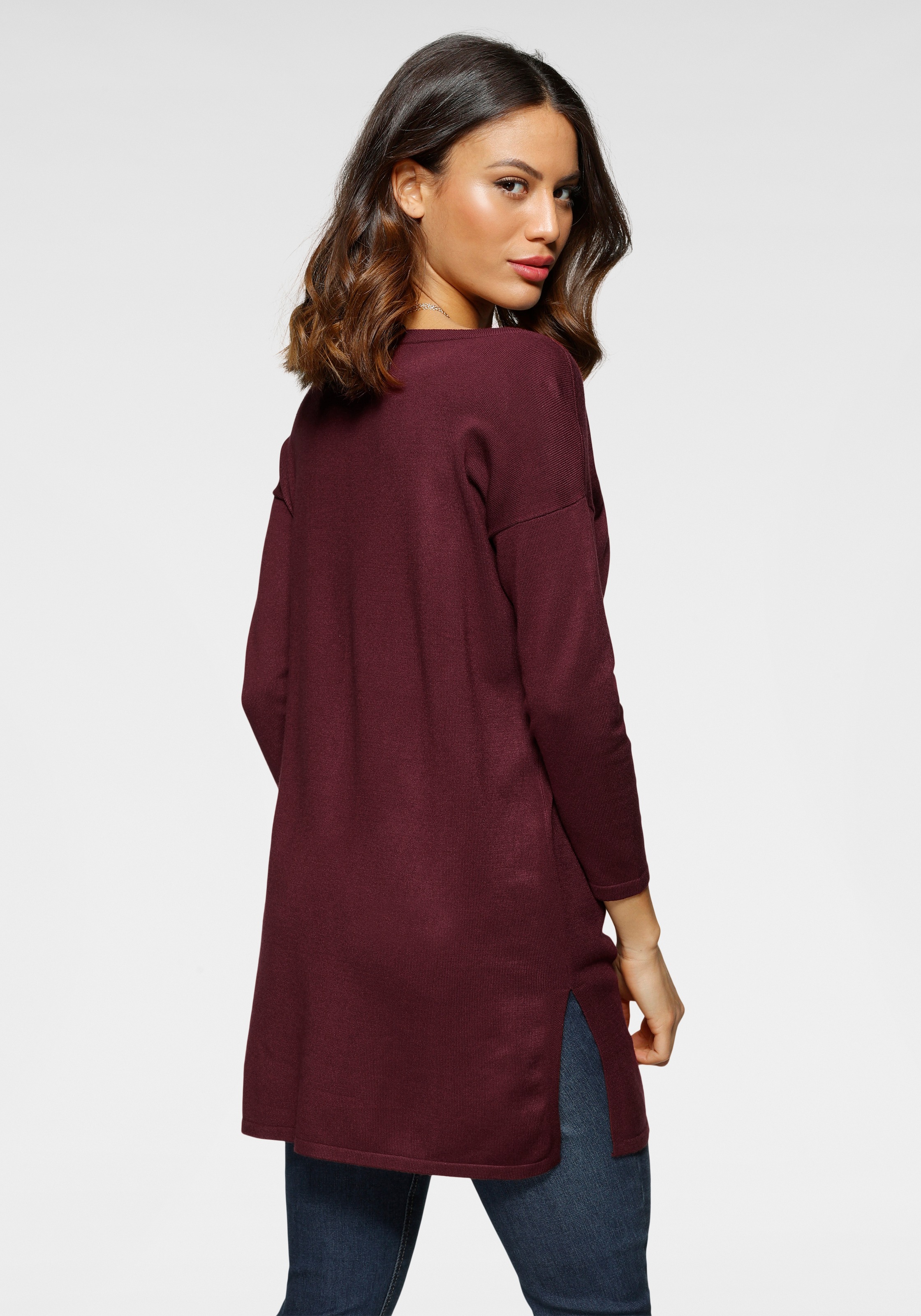 Longpullover LAURA SCOTT, Damen, Gr. 48, rot (rotbraun), Feinstrick, Obermaterial: 70% Viskose, 30% Polyamid, meliert, unifarben, Basic, lässig geschnitten, Rundhals, Pullover Longpullover, Feinstrick mit U-Boot Ausschnitt und seitlichem Schlitz 2
