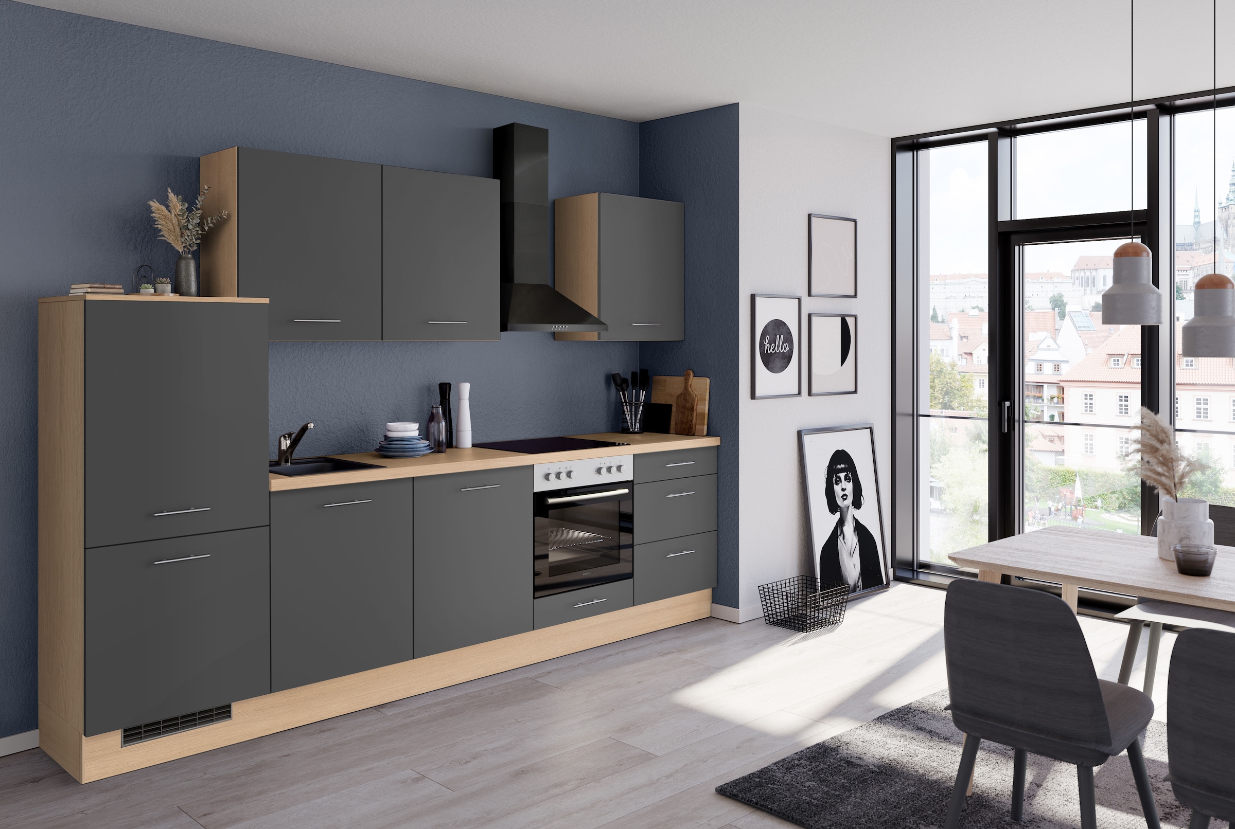 IMPULS KÜCHEN Küchenzeile »"Kopenhagen", Ausrichtung wählbar, Schubkästen mit Soft-Close« Set,  vormontiert, wahlweise mit E-Geräten, Breite 300 cm