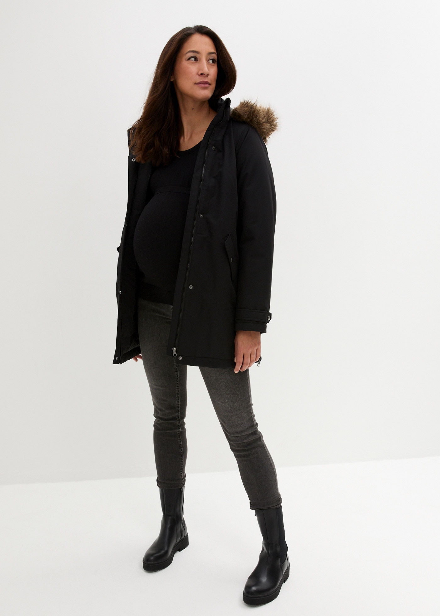 bonprix Umstandsjacke mit Kapuze mit elastischem Gummizug, seitlicher Erweiterung durch Reißverschlüsse