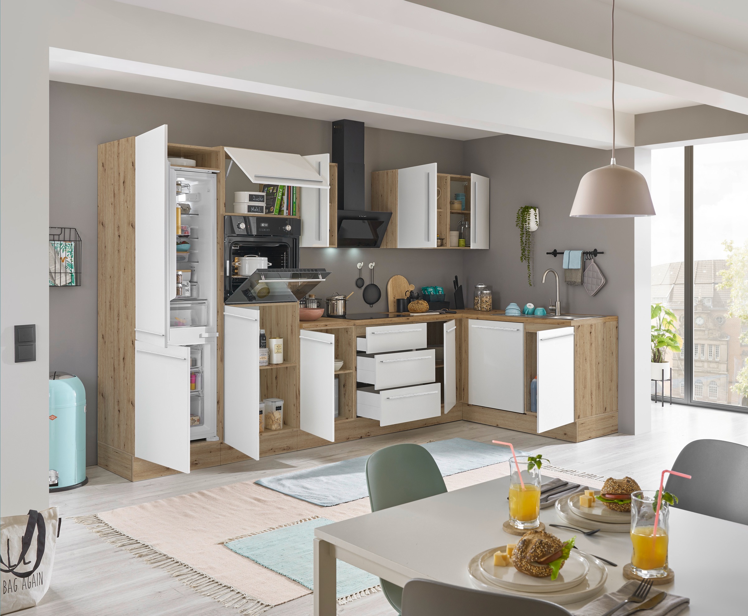 KOCHSTATION Winkelküche »Florida, Stellbreite 340x175 cm«, wahlweise mit E-Geräten, mit Softclose für Türen und Schubkästen