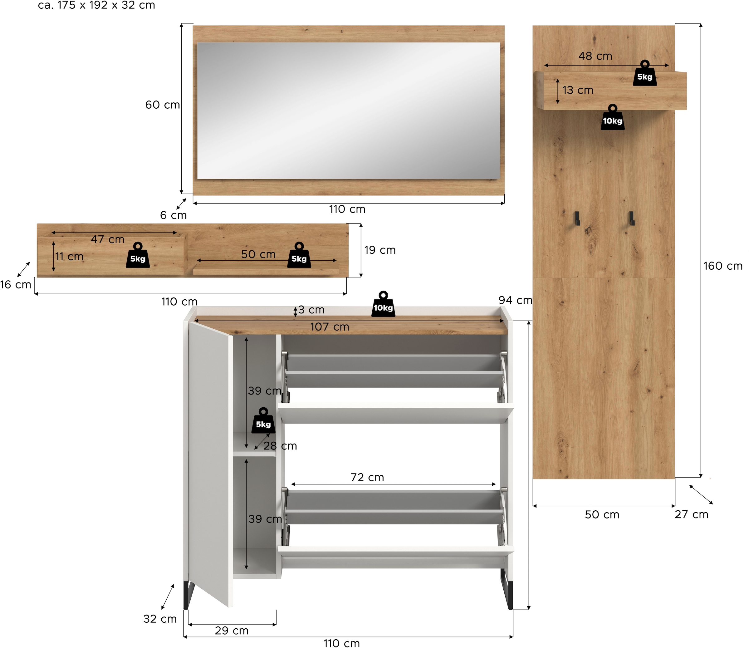INOSIGN Garderoben-Set »EVRID, 3-teilig, Breite 175 cm, individuell stellbar & erweiterbar« best. aus: Kommode, Spiegel und Garderobenpaneel, 4 Stk. tlg.