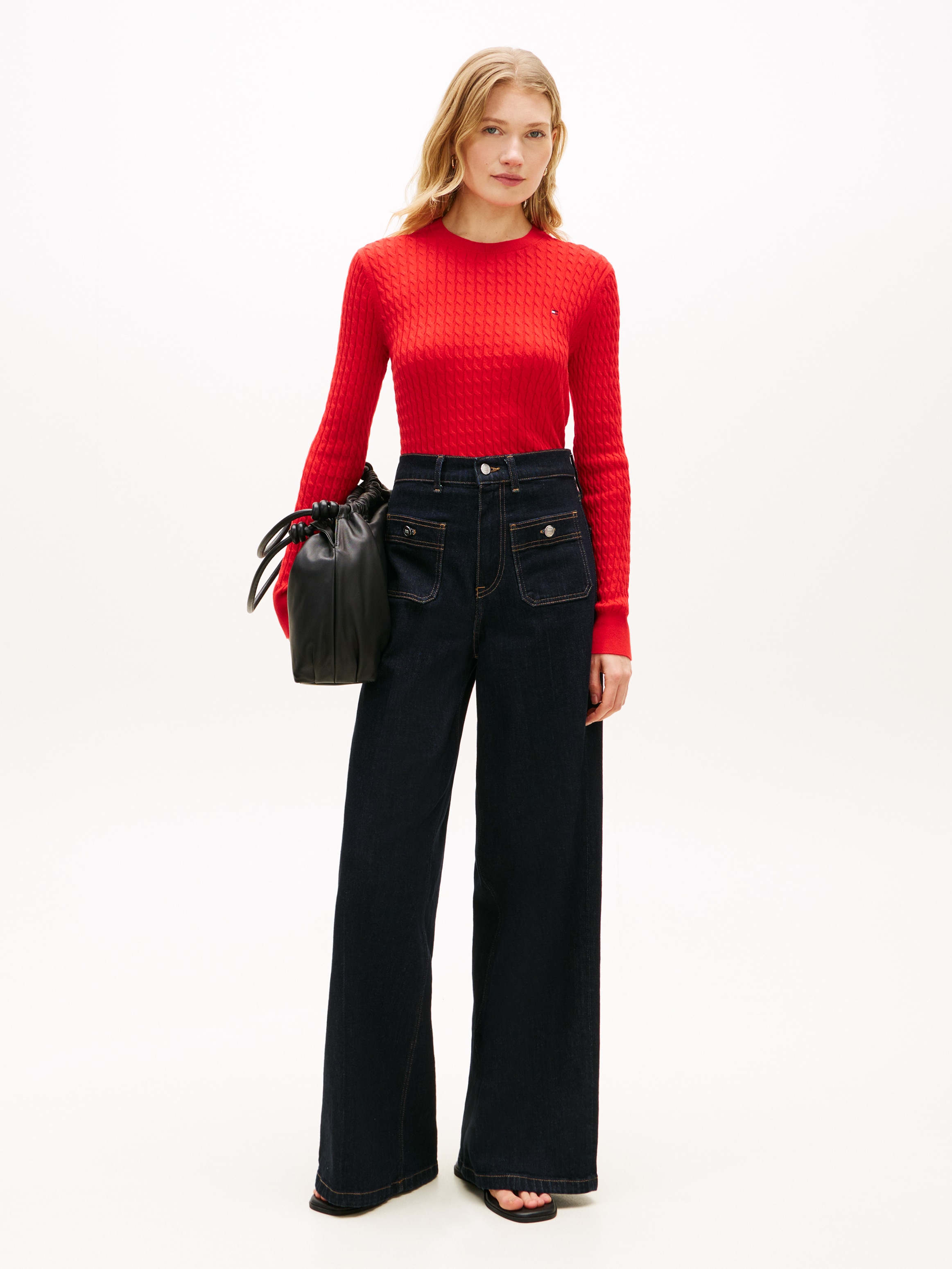 Tommy Hilfiger Rundhalspullover »CO CABLE C-NK LS SWEATER« Baumwolle, mit Zopfmuster, Regular Fit