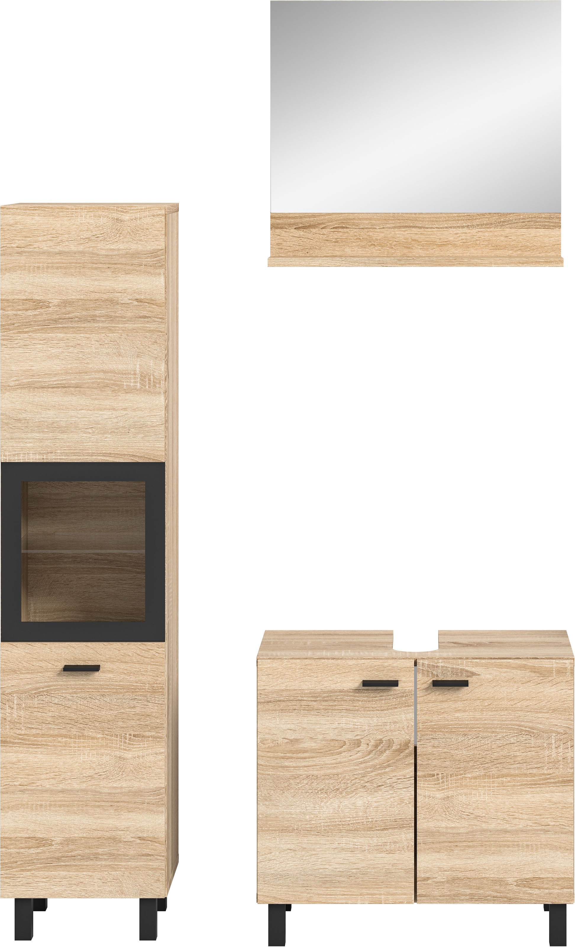 welltime Badmöbel-Set »Tampa, Breite 102cm, 3-teilig«, (3 St.), Waschbeckenunterschrank, Spiegel, Hochschrank