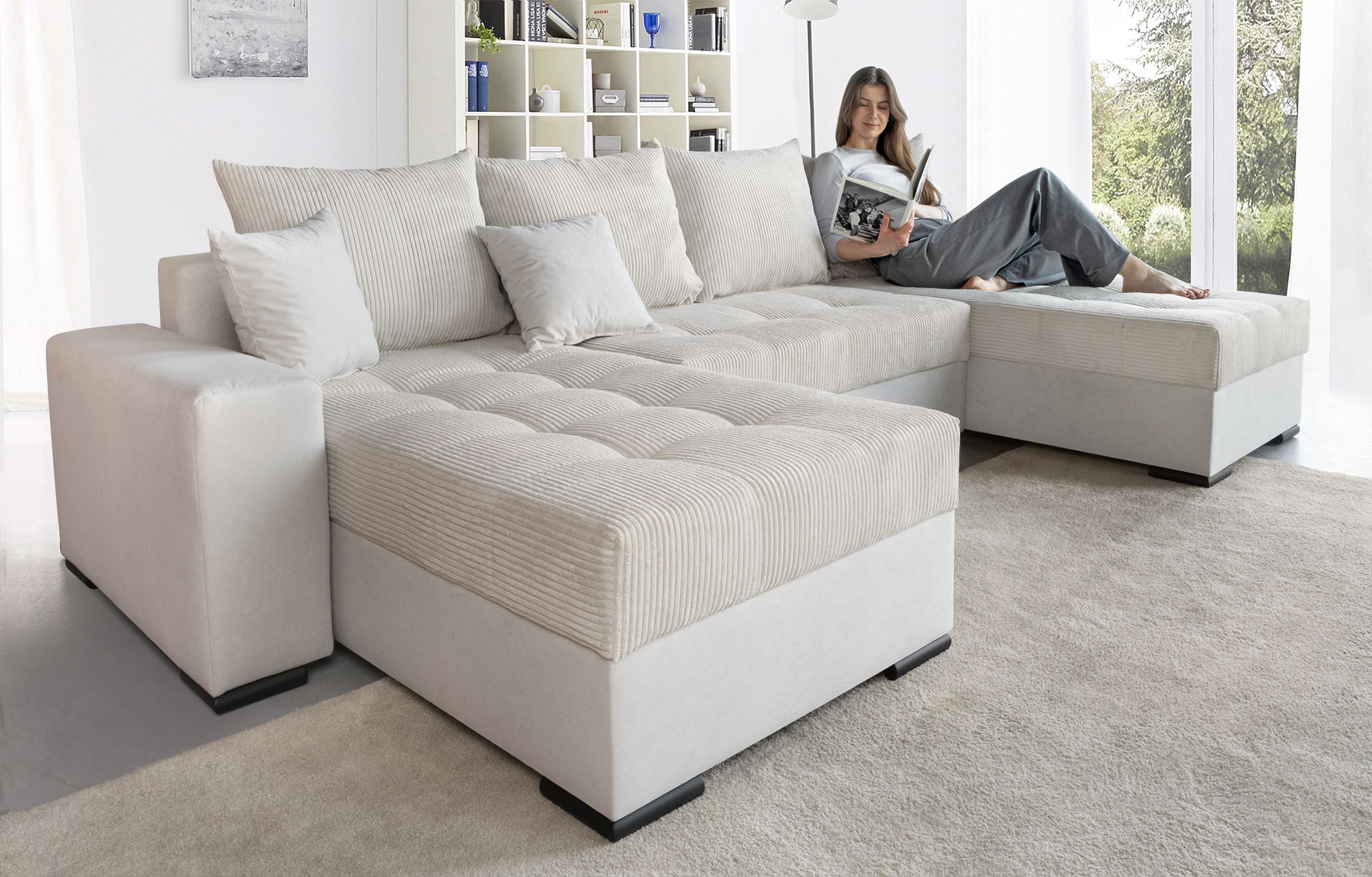COLLECTION AB Wohnlandschaft "Josy XL U-Form, B: 313 cm in Cord, Cord-Mix" Schlaffunktion, Bettkasten & 2 Zierkissen, Federkern