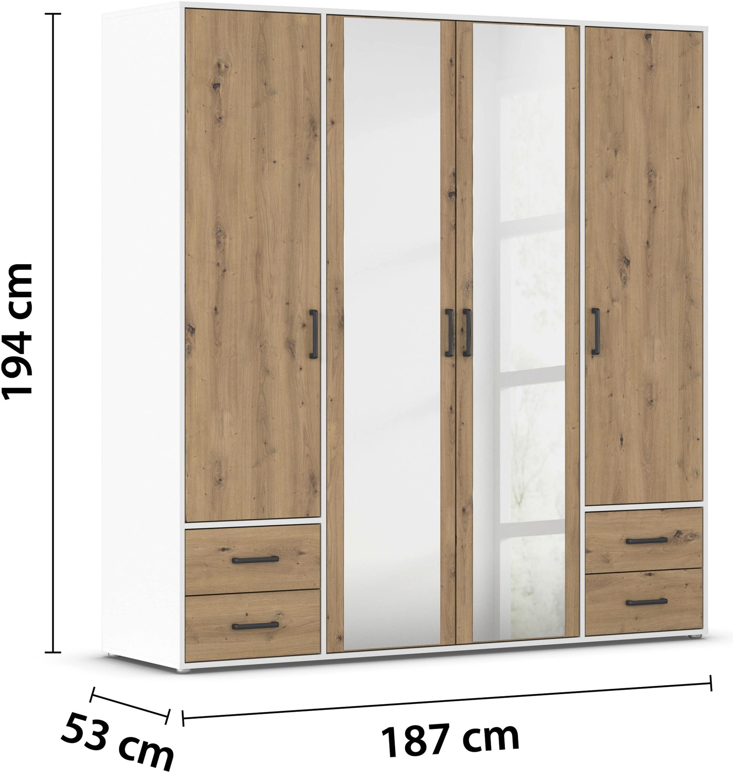 rauch Drehtürenschrank »Kleiderschrank Schrank Garderobe Wäscheschrank VOYAGER«, (in 3 verschiedenen Ausstattungen BASIC/CLASSIC/PREMIUM), mit modernen Griffen in Graumetallic, inkl. Schubkästen und Spiegel