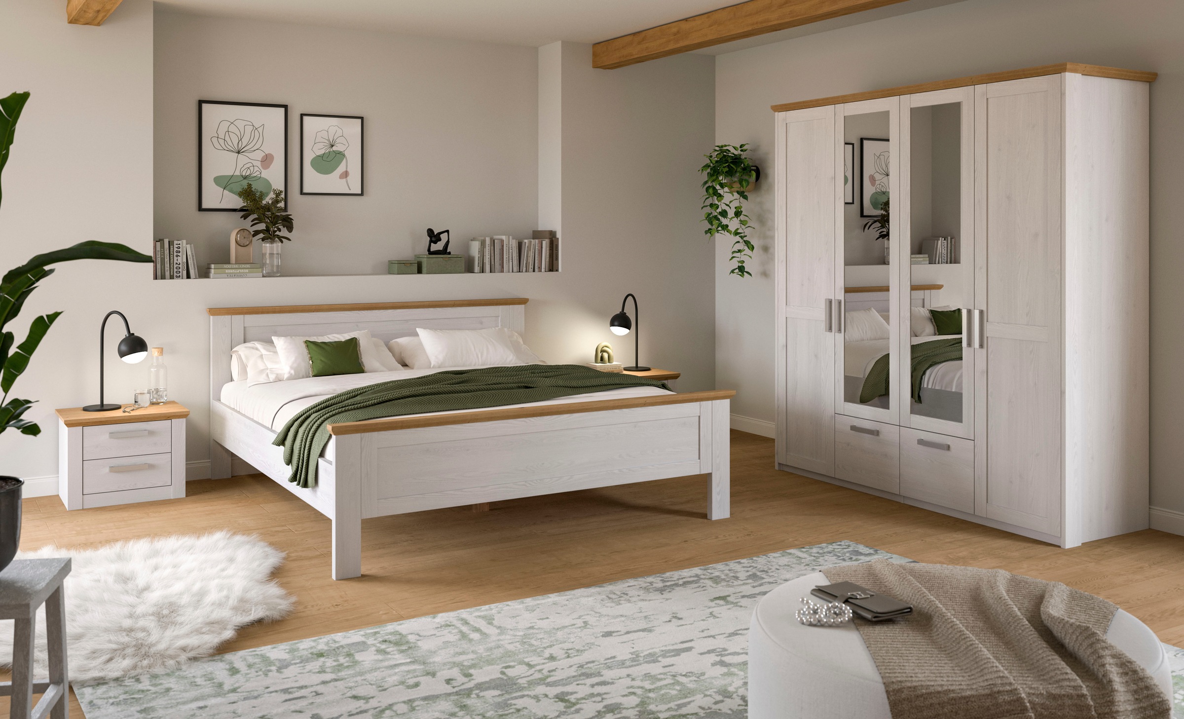 Home affaire Schlafzimmer-Set "COSENZA, 4-tlg., Kleiderschrank, Bettgestell & Nachttische" Matratzengröße 180x200 cm, viel Stauraum, ohne Lattenrost & Matratze, 4 tlg. tlg.