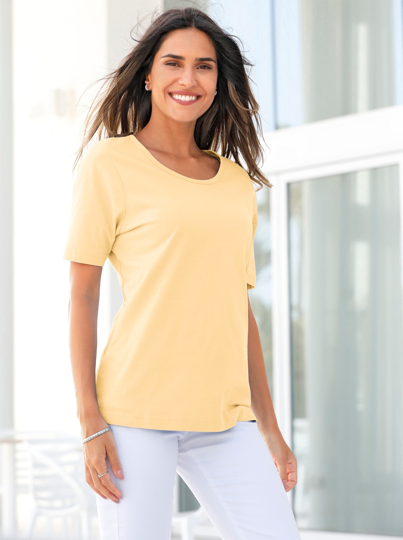 Kurzarmshirt CLASSIC BASICS "Shirt", Damen, Gr. 52, gelb (vanillegelb), 100% Baumwolle, unifarben, Rundhals, Shirts, Topseller