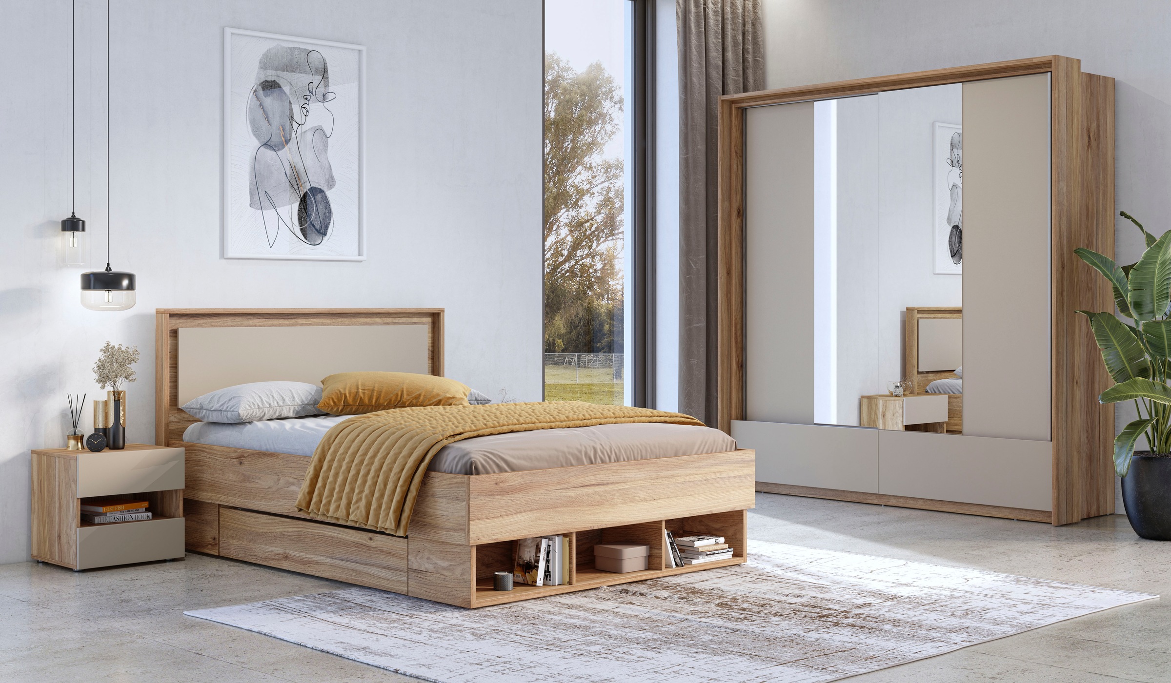 INOSIGN Bettgestell »Wharton, 140, 160 oder 180cm Breite, Made in Europe«, (mit oder ohne Stauraumschubladen), Doppelbett mit offenen Regalen, FSC-zertifizierter Holzwerkstoff