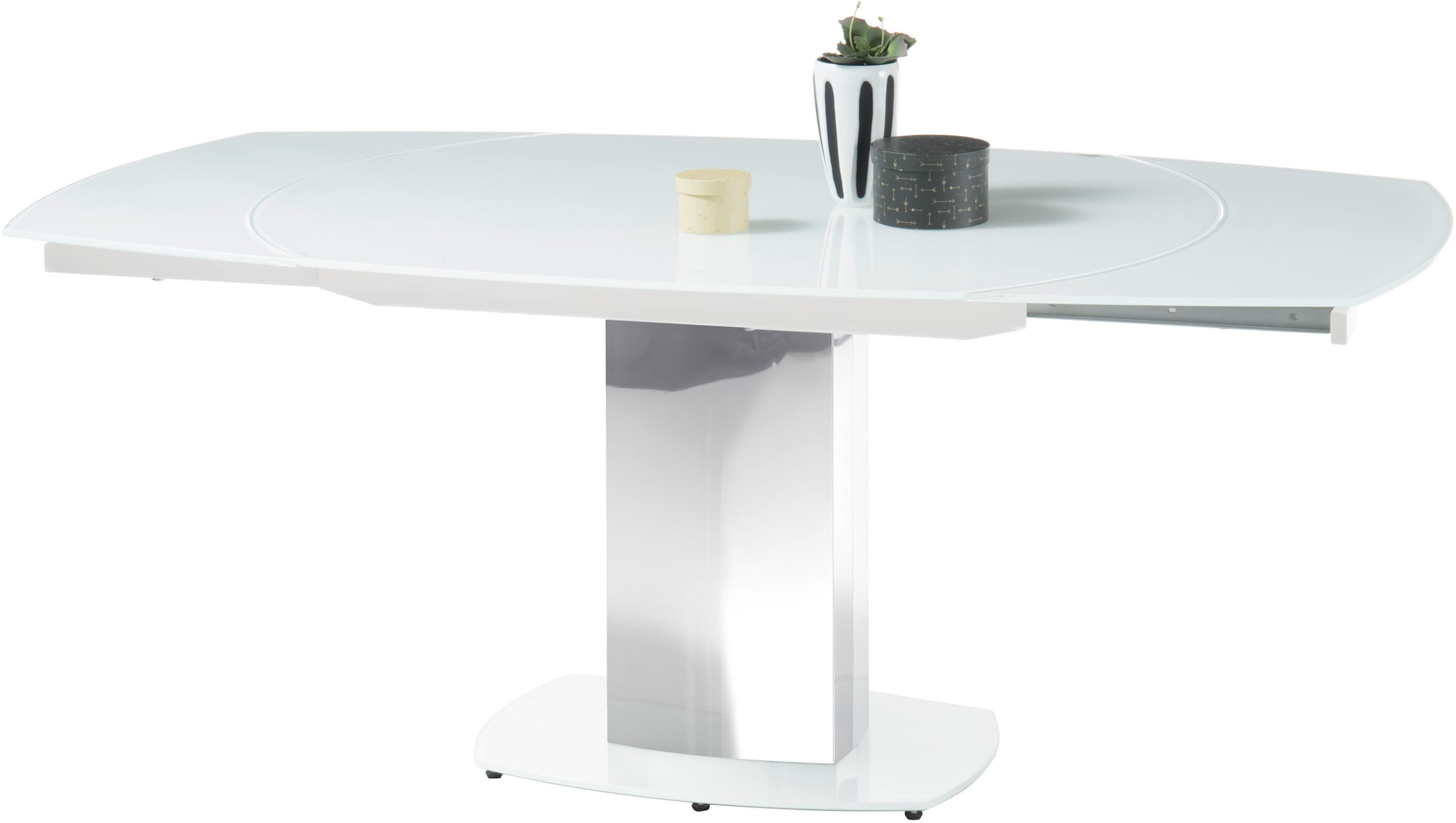 Stolkom Esstisch »Jackson Glastisch Weiß, Tisch ausziehbar, BxHxT 130-190x75x105 cm«, Automatische beidseitiger Drehauszug, Tischplatte in Super White