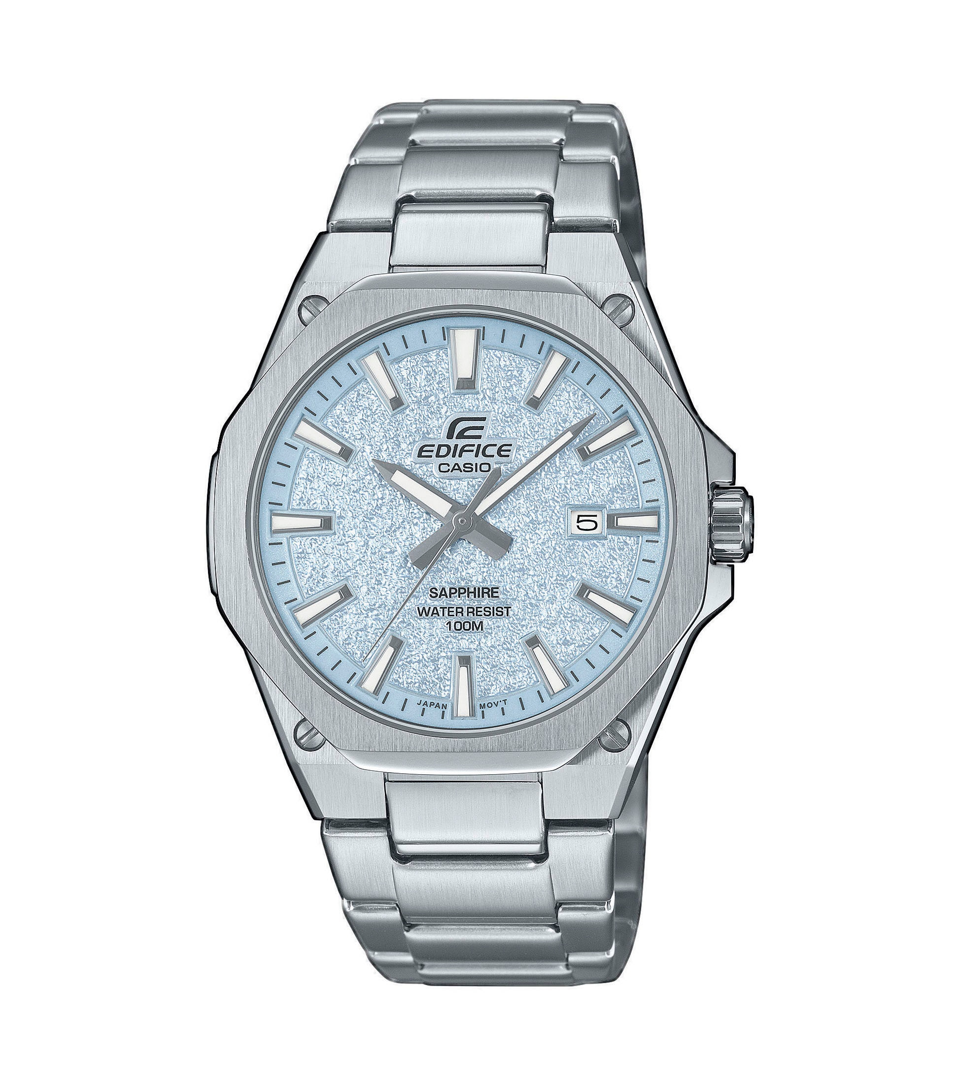 Quarzuhr CASIO EDIFICE, edelstahlfarben, hellblau, Armbanduhren, Herren, Quarzuhr, Armbanduhr, Herrenuhr, Edelstahlarmband, analog, Tag, Neo-Display