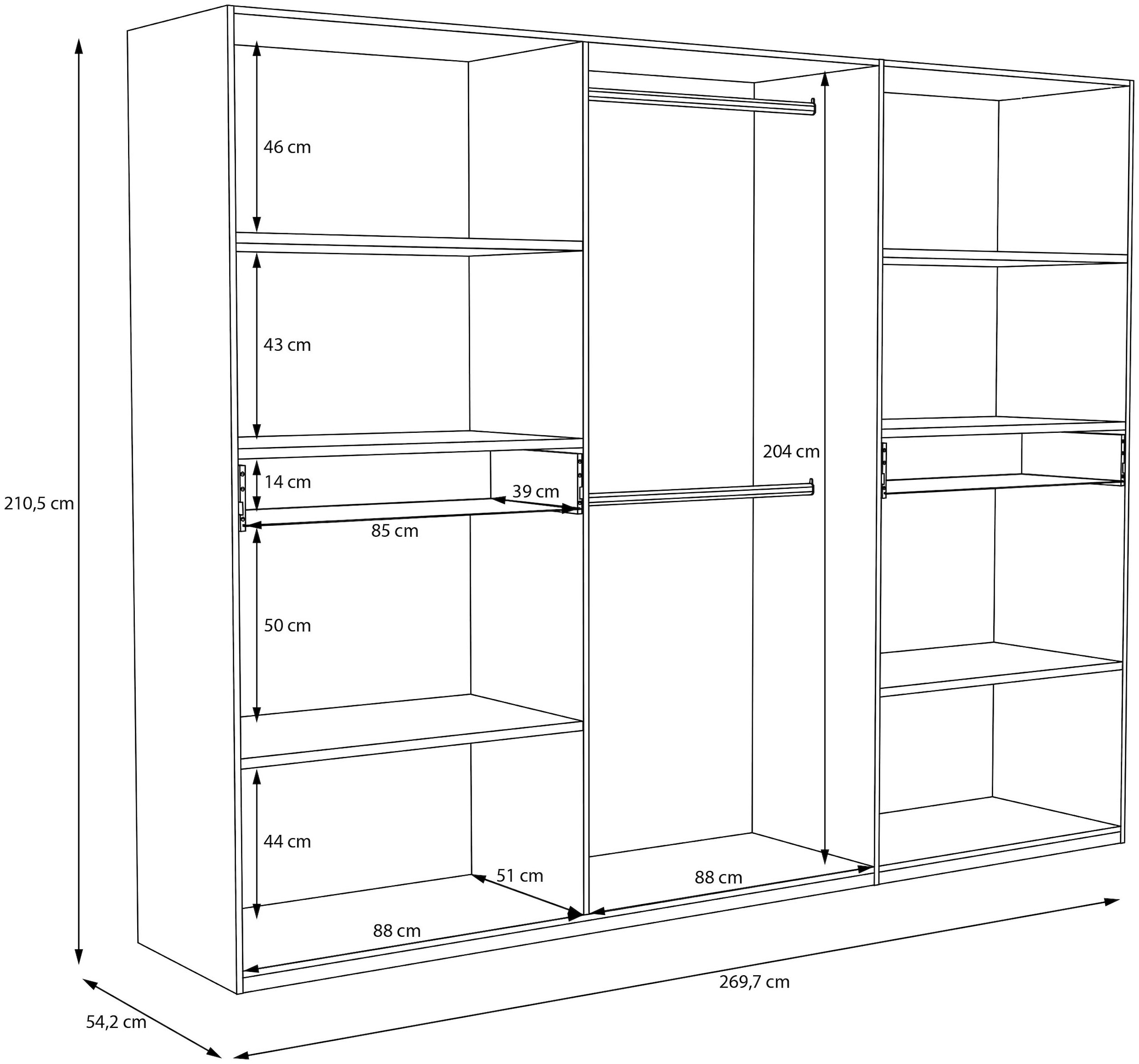 FORTE Kleiderschrank »viel Stauraum, Spiegeltüren, stehende Montage« B/H/T269,7/210,5/54 cm, Spiegeltüren, Schubkästen