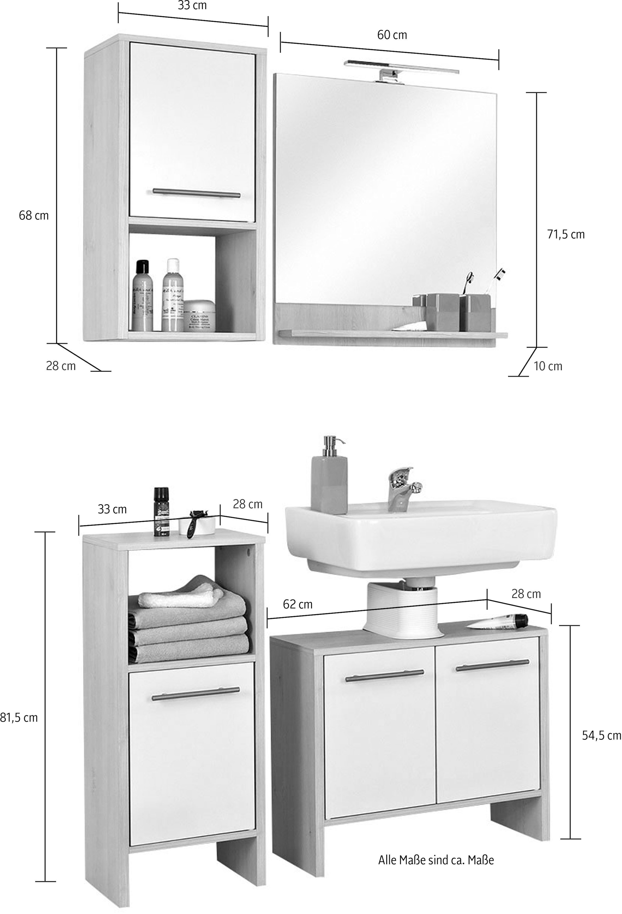 Saphir Badmöbel-Set »Quickset 350 4-teilig, mit Waschbeckenunterschrank und LED-Spiegel«, (Set, 4 St.), Pinie Ida hell Nachbildung, mit 4 Türen, 2 Nischen, ohne Waschbecken