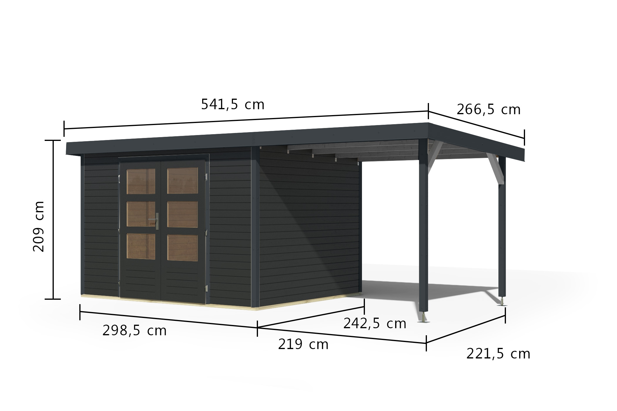 Karibu Gartenhaus »"Jupiter 5 C" SET anthrazit, mit Anbaudach 2,35 m breit«, hochwertige Materialien: nordische Fichte, Stahlecken, Trapezblechdach