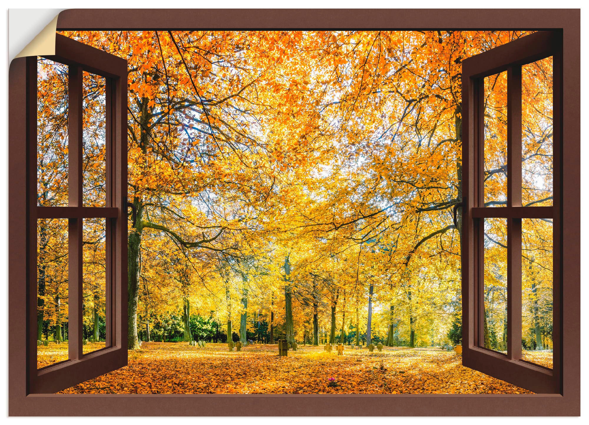 (1 »Fensterblick versch. Fensterblick, in - Wandaufkleber BAUR | Artland Wandbild St.), Herbstwald Größen als Poster Panorama«, bestellen Leinwandbild, oder