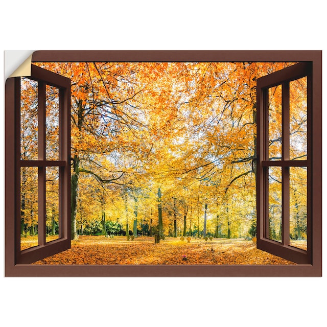 (1 - als Artland versch. Leinwandbild, St.), oder | Panorama«, in Größen BAUR Wandaufkleber bestellen Poster Fensterblick, Wandbild »Fensterblick Herbstwald