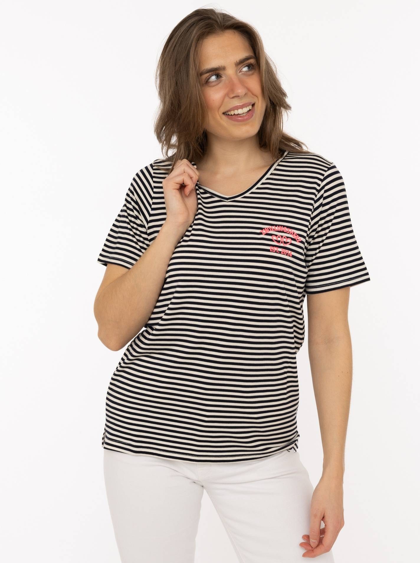 Zwillingsherz T-Shirt »"Zwillingsherz"« V-Neck, gestreift, kleines Motiv gestickt