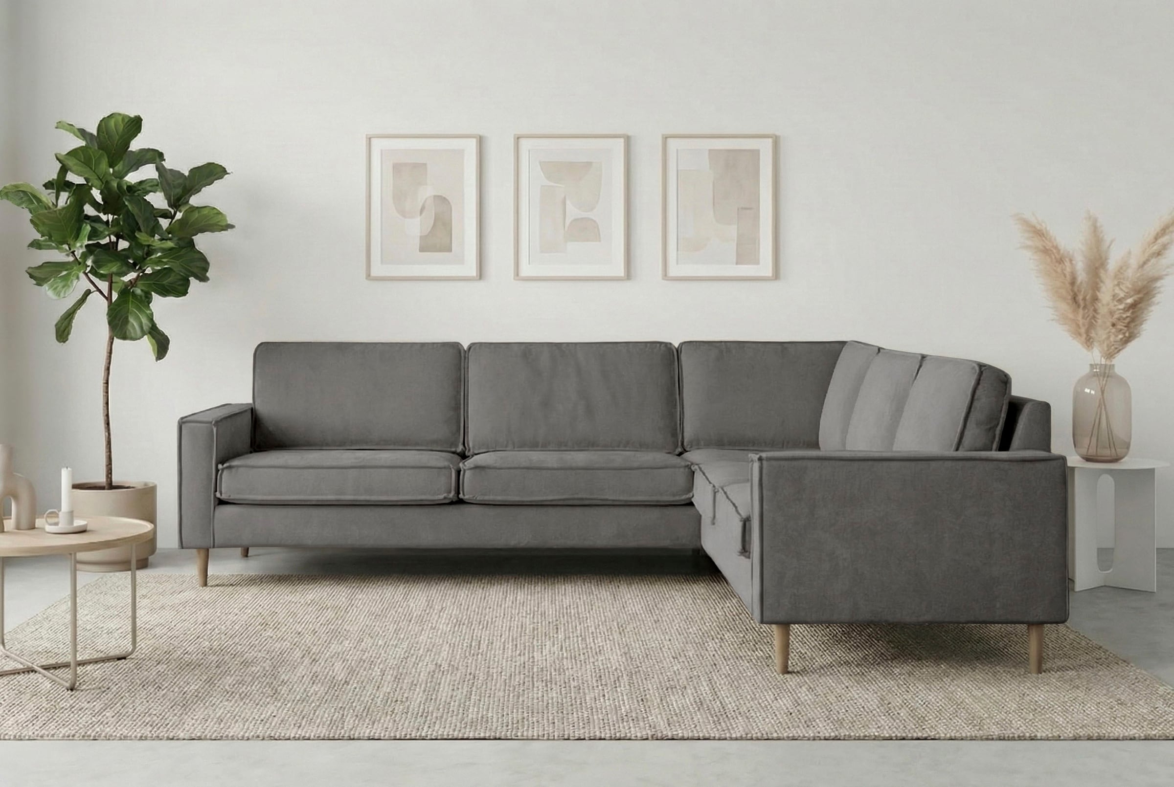 Home affaire Ecksofa »Pinto Skandi, 290 cm, Chenille, Struktur, Ottomane links / rechts« mit Keder, Massivholzfüße Eiche geräuchert, Wellenunterfederung