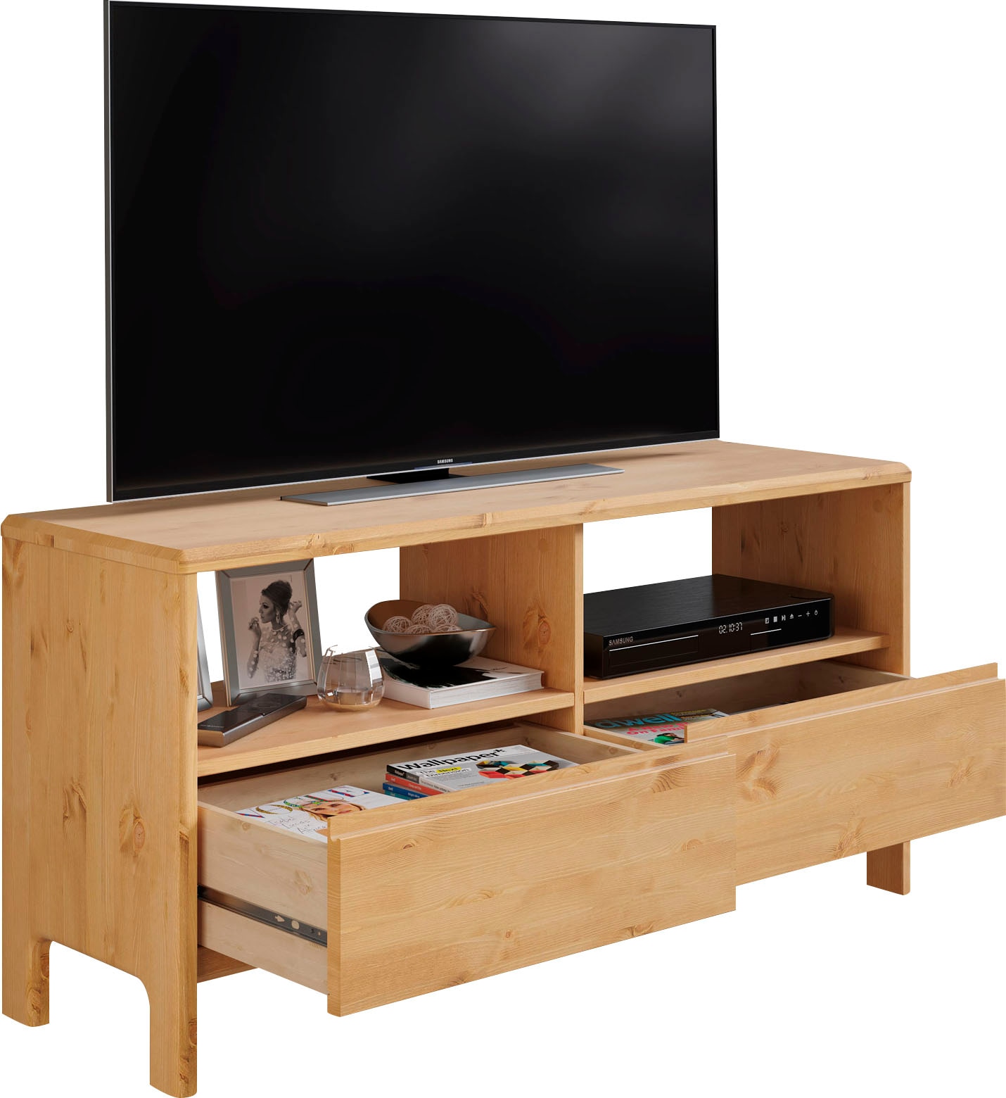 offenen 2 bestellen BAUR »Luven«, 114 Home Fächer 2 cm, und Massivholz, affaire Breite TV-Schrank | Schublade