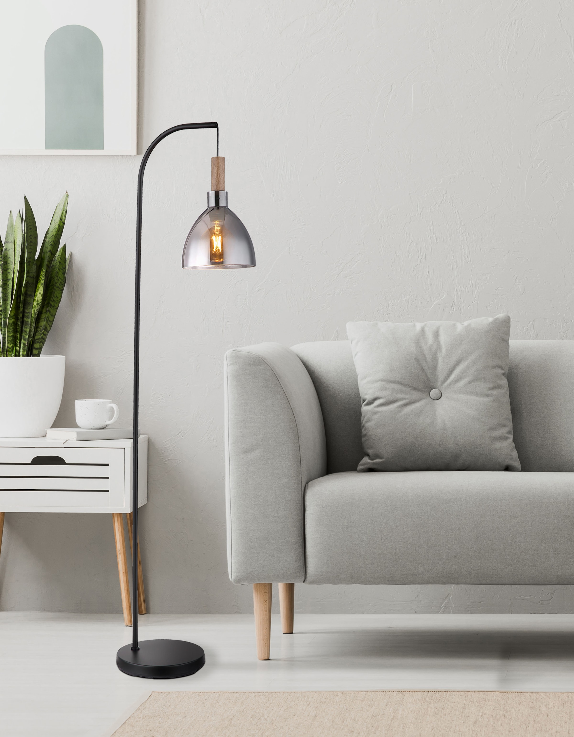 GLOBO LIGHTING Stehlampe »MATTEA« E27 1 Stk. Schwarze Stehleuchte mit rauchfarbenem Glas und Holzoptik