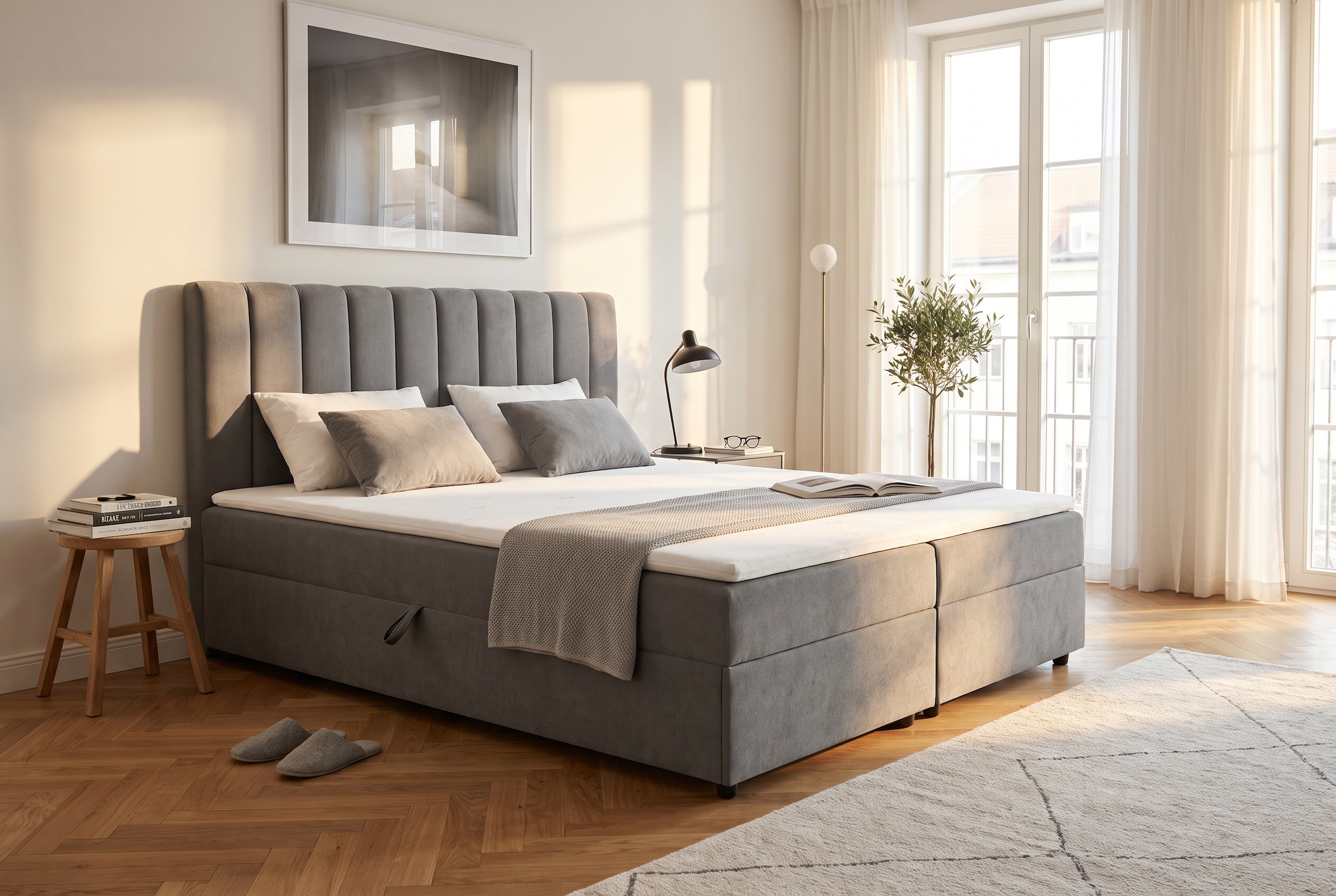 OTTO home Boxbett "HAILEYY, Polsterbett mit Bettkasten, inkl. Taschenfederkernmatratze H3" mit Kaltschaumtopper, Chenille-Bezug, 140x200 & 180x200 cm