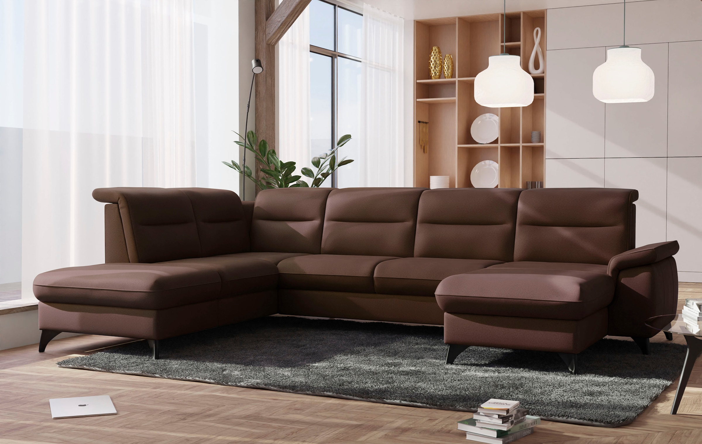 Wohnlandschaft SIT & MORE "Astoria U-Form", braun (dunkelbraun), B:329cm H:91cm T:225cm, 100% Polyester, Sofas, Wohnlandschaft, wahlweise mit motorischer Relaxfunktion 4