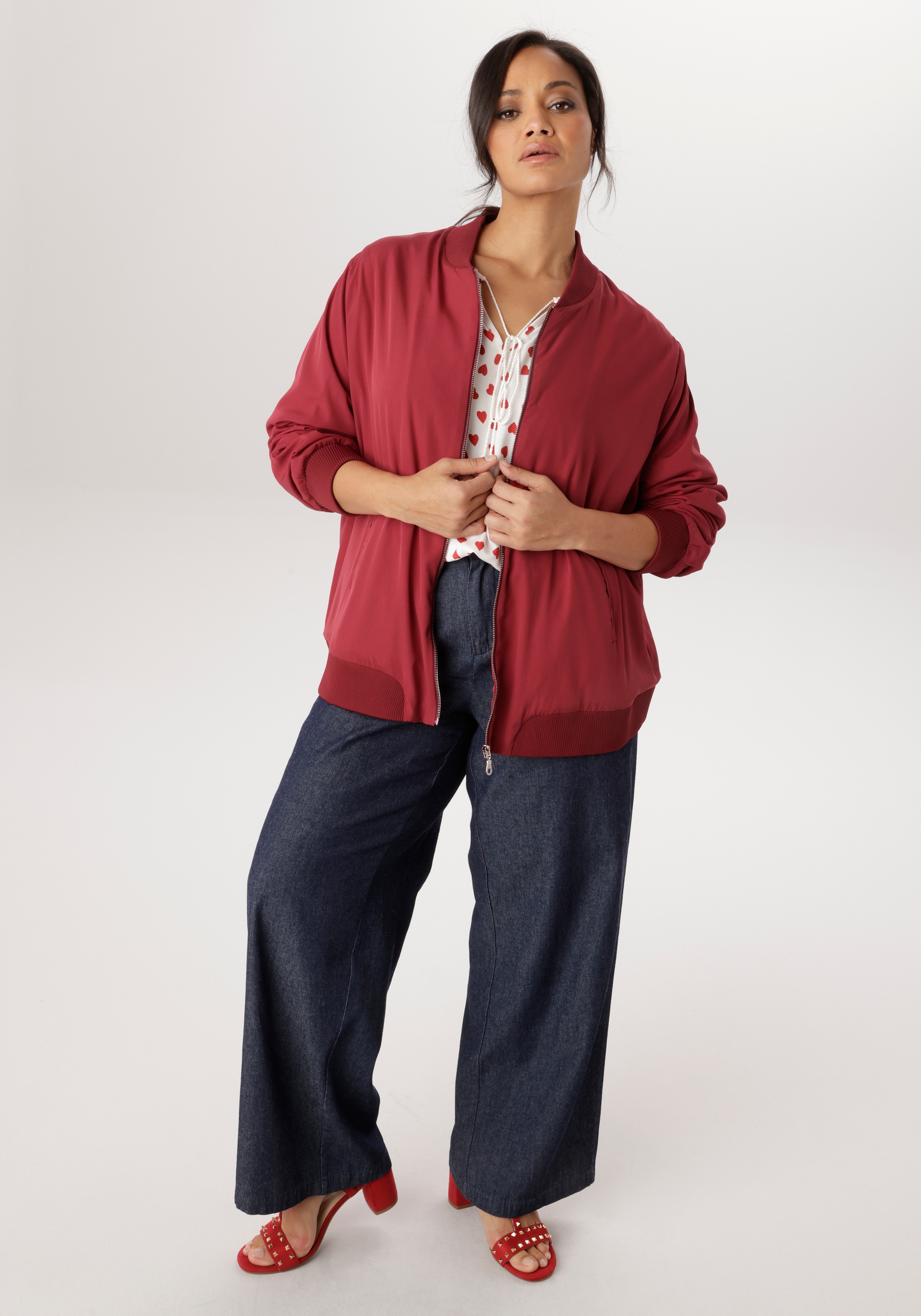 Blouson ANISTON PLUS, Damen, Gr. 50, dunkelrot, Crêpe, Obermaterial: 100% Polyester. Futter: 100% Polyester, unifarben, figurumspielend hüftlang, Rippbündchen kontrastfarben, Jacken Blouson, In Crepe-Qualität - NEUE KOLLEKTION 3