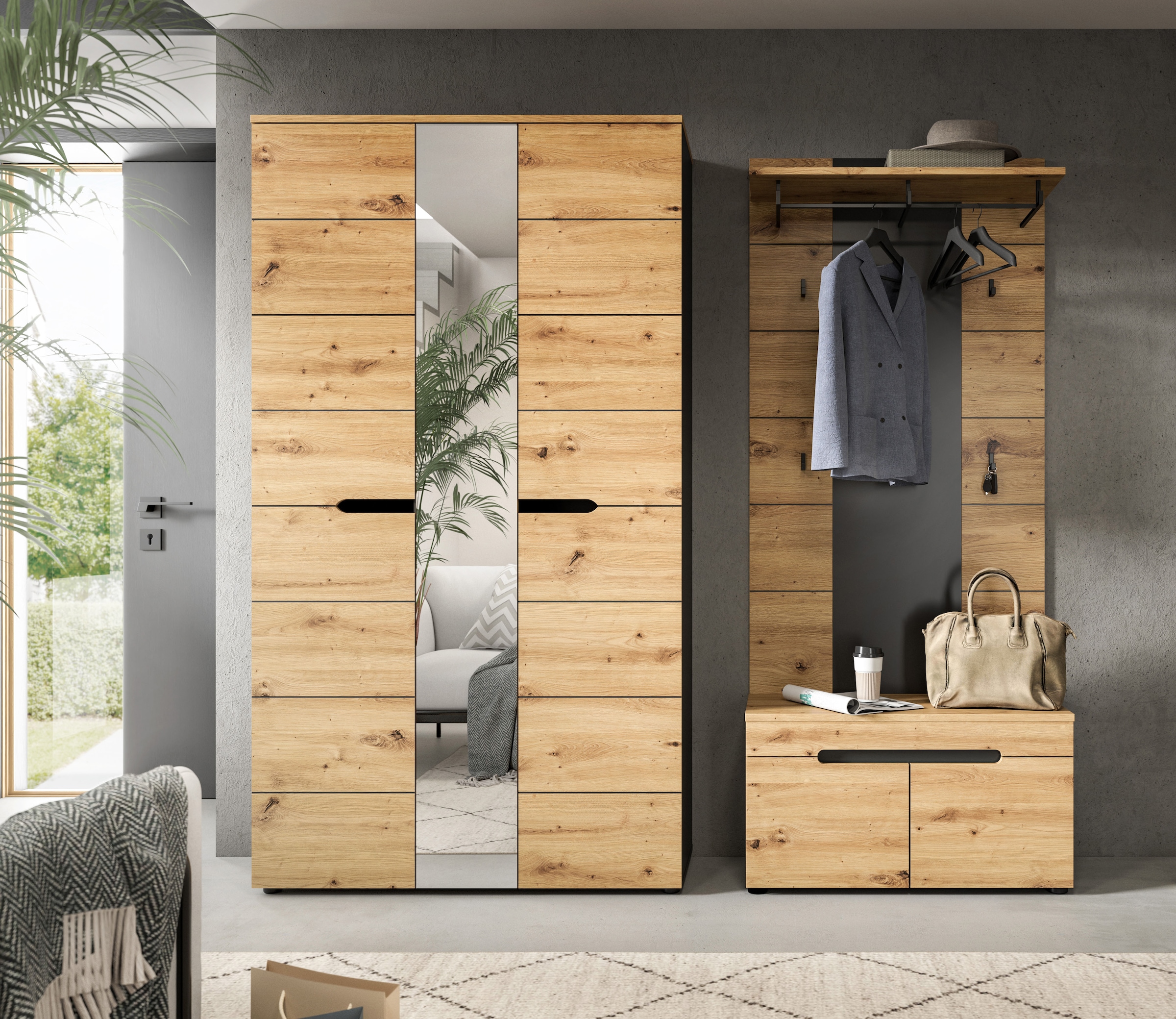Home affaire Garderoben-Set »REHAT, TOPSELLER!, 3-teilig, Breite 200 cm, individuell stellbar« Set, best. aus: Garderobenschrank, Sitzbank & Garderobenpaneel, 3 Stk. tlg.