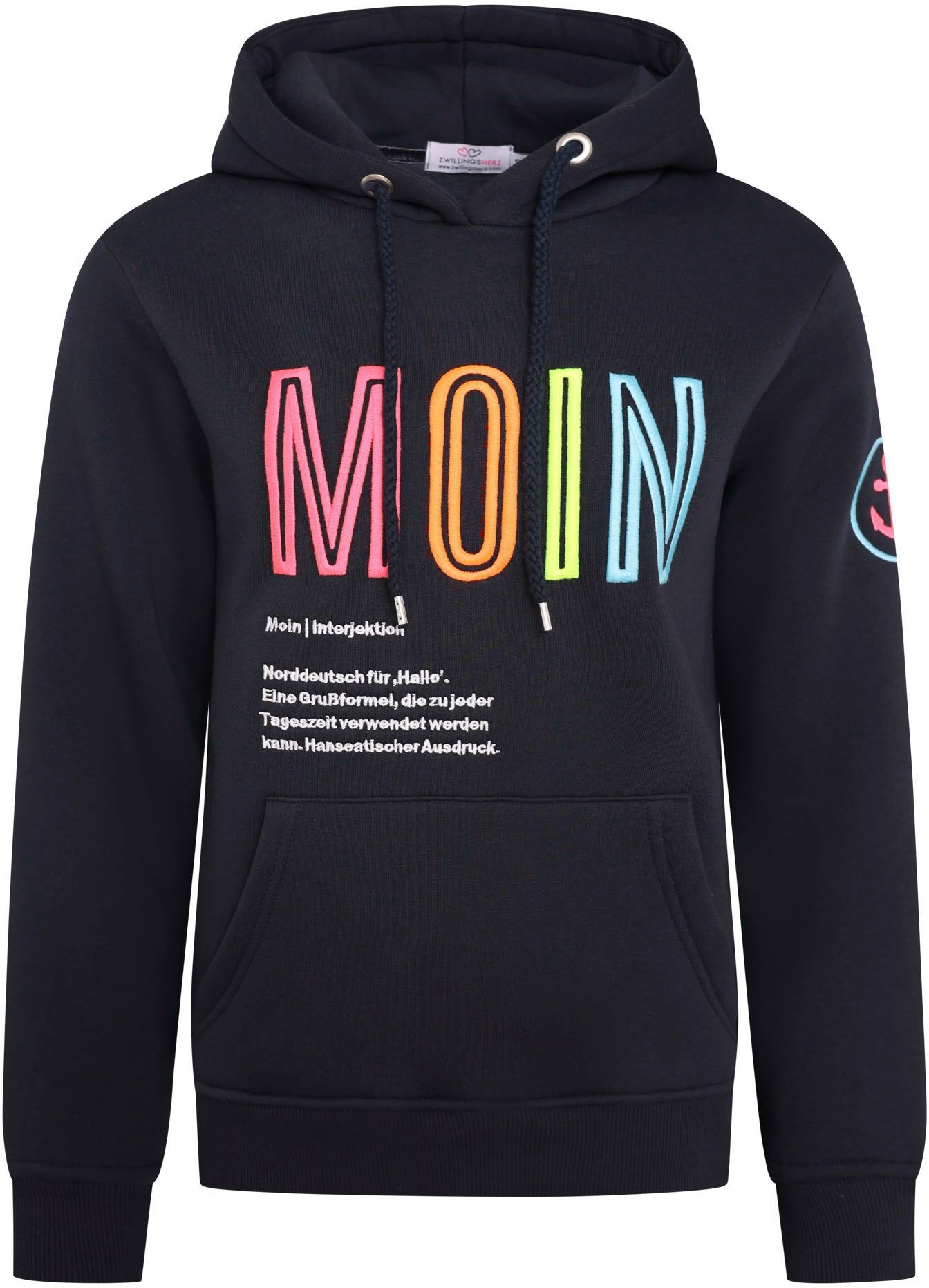 Zwillingsherz Sweat-Hoodie, mit aufgesticktem "MOIN"-Schriftzug in Neonfarb günstig online kaufen