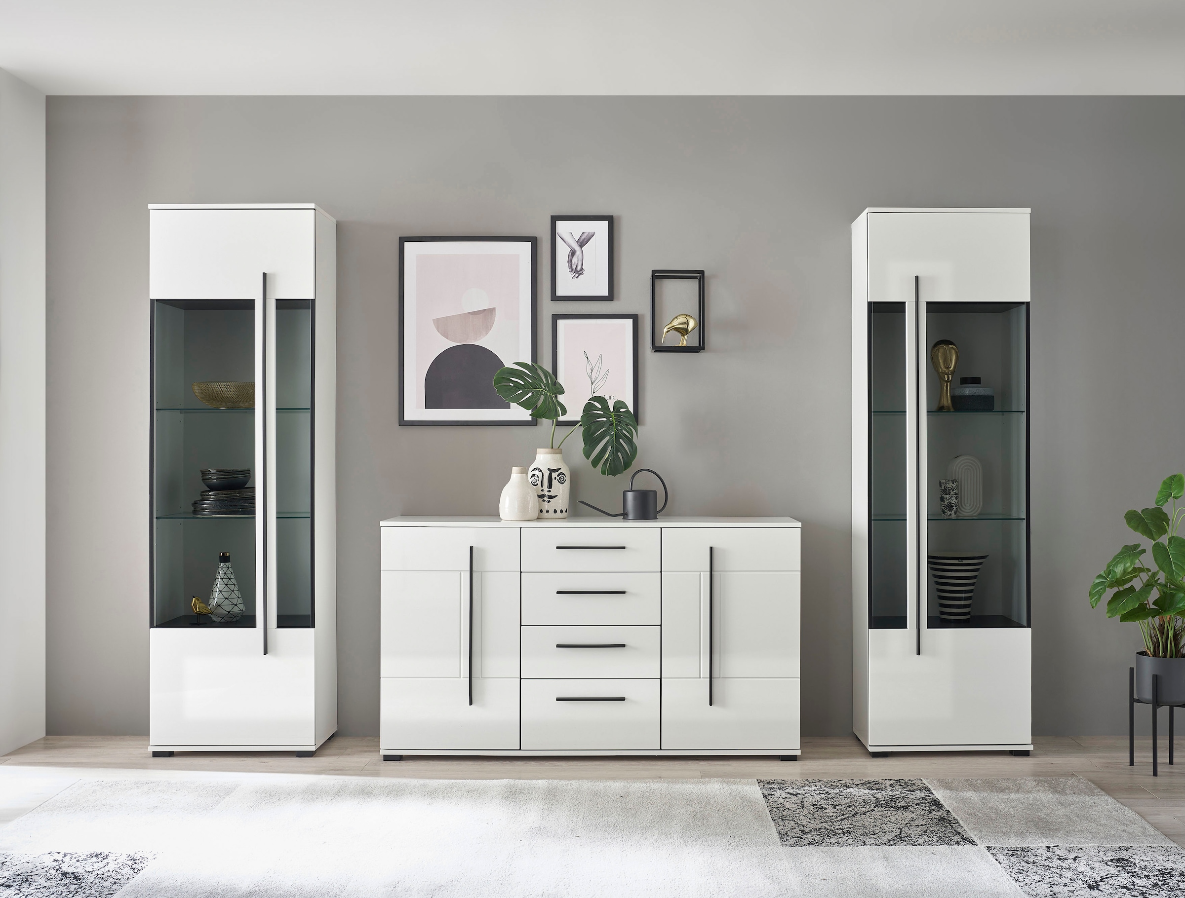 INOSIGN Wohnwand »Cantara, moderne Anbauwand, Wohnzimmer-Set, in Eiche Evoke oder Weiß«, (Set), enthält zwei Vitrinen und ein Sideboard