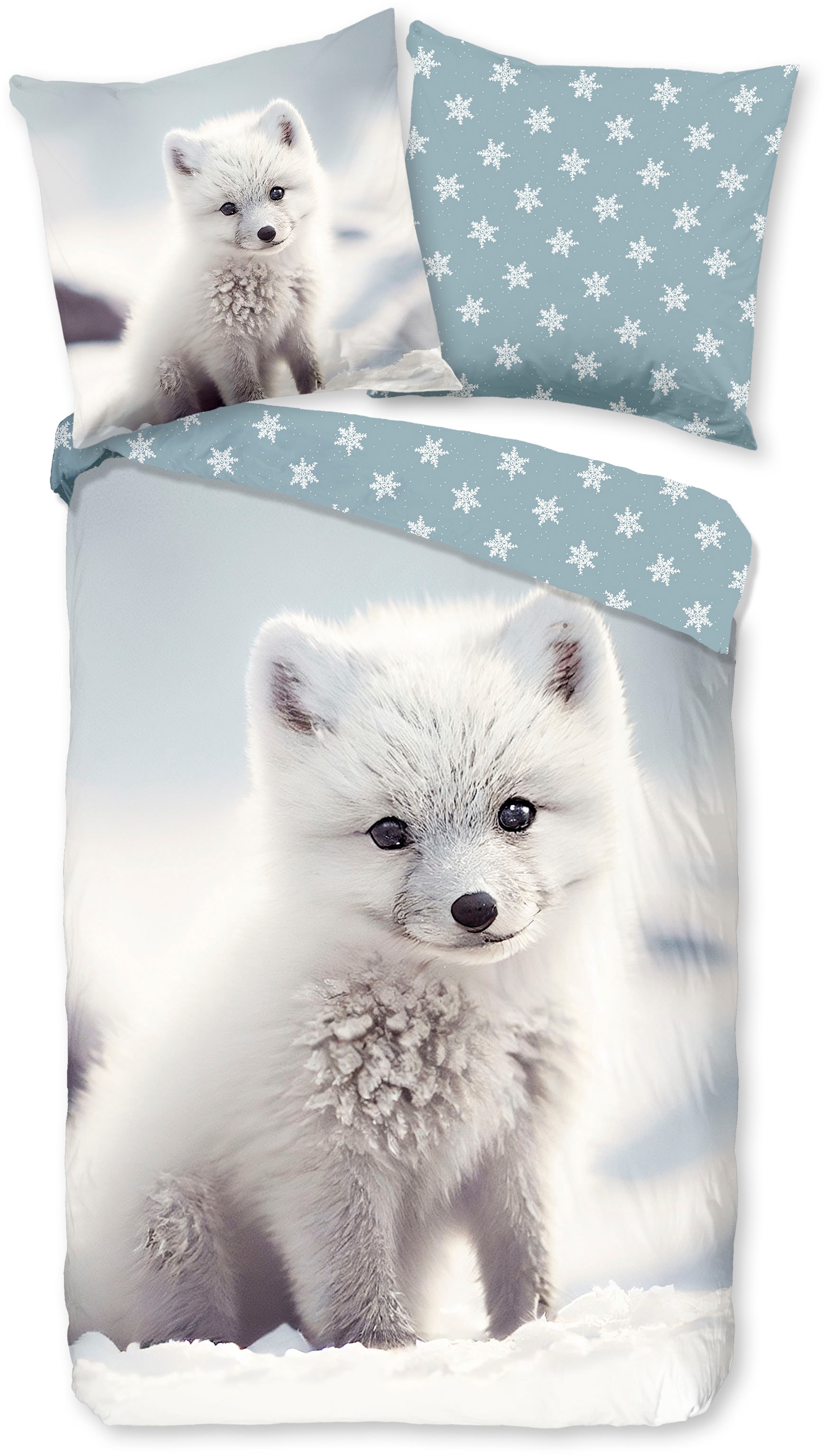 good morning Kinderbettwäsche "Toss" 2 Stk. Flanell, Biber, 135x200, Winter, Warm, Wende, Kind, Schnee, Weißfuchs