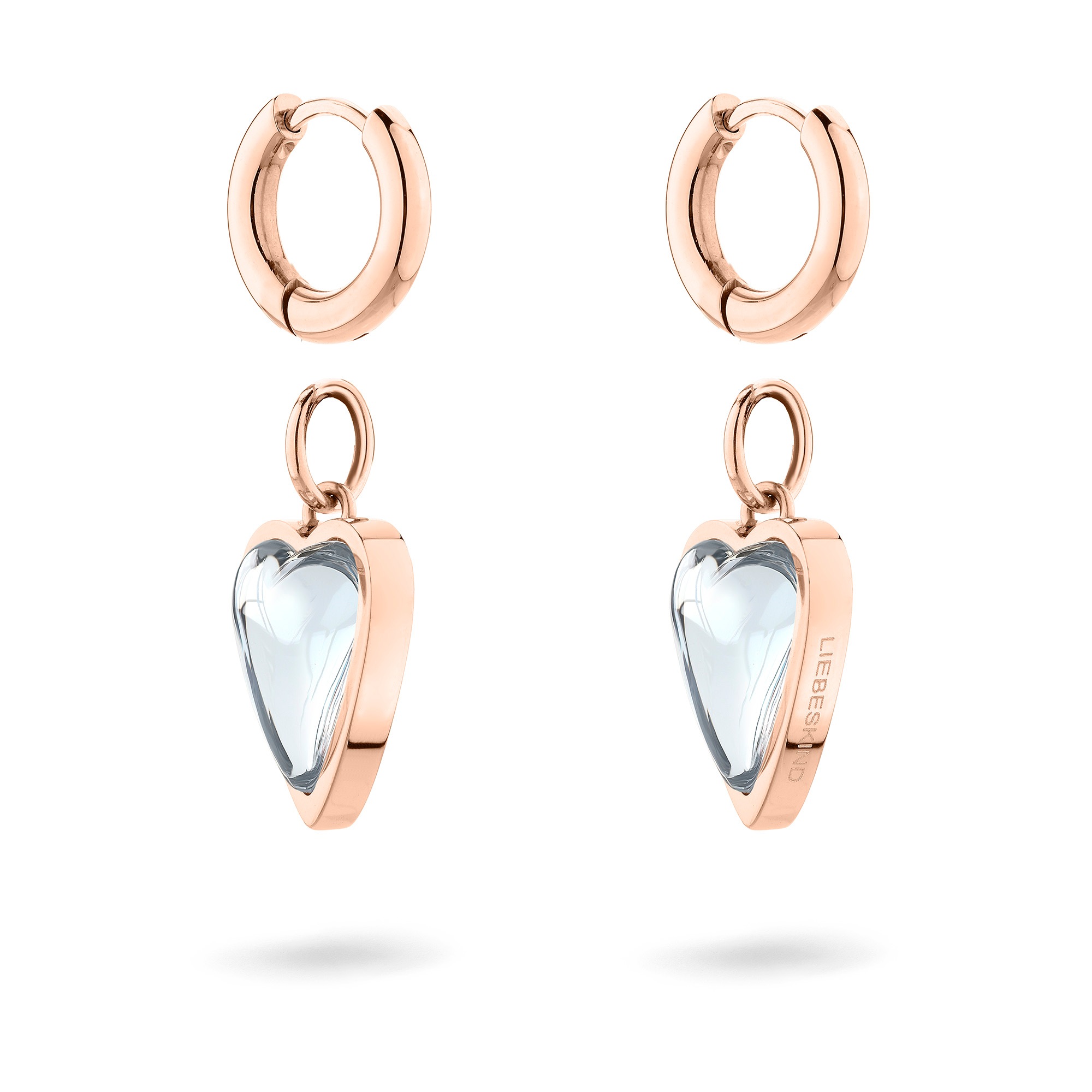 Paar Creolen LIEBESKIND BERLIN "Schmuck Ohrringe mit abnehmbaren Herz-Einhängern Glass Heart", roségoldfarben, transparent, transparent, Ohrringe, Damen, Edelstahl, mit Glasstein 2