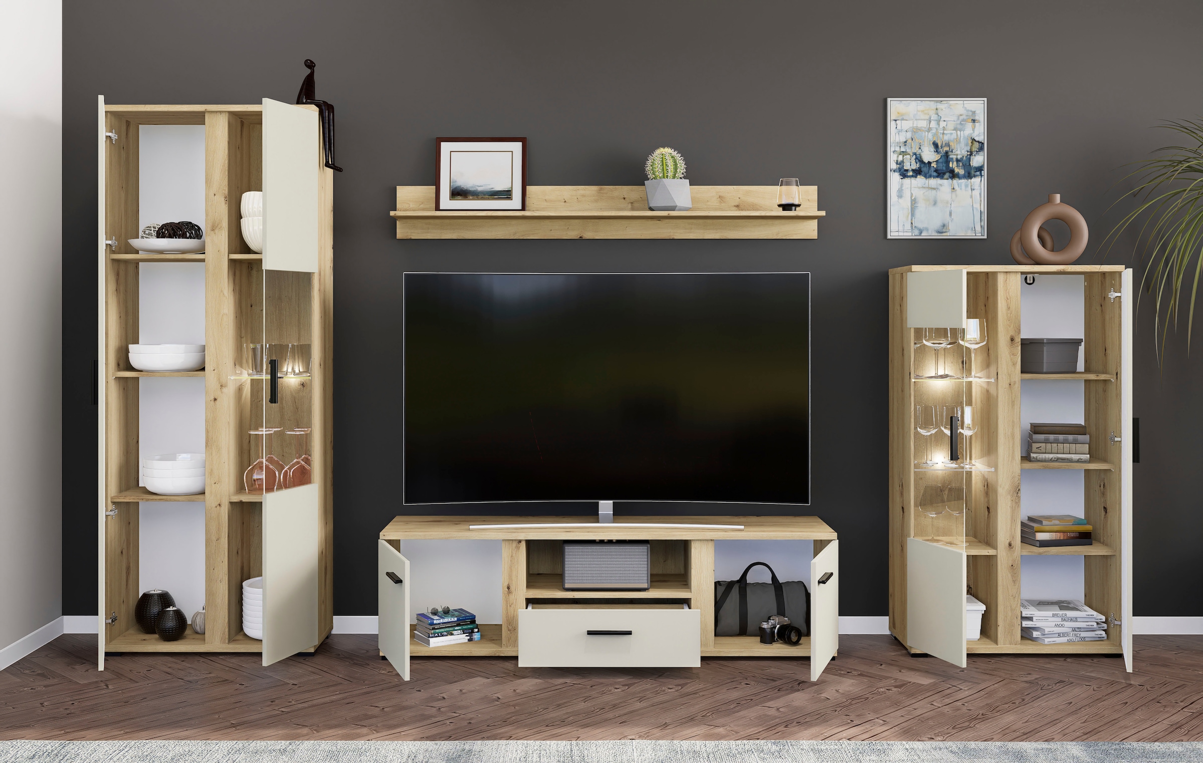 HBZ Wohnwand »Kanada Wohnwand, BxHxT 340x196x40«, (4 St.), Breite 340cm, Unterflurauszug, Melaminbeschichtung