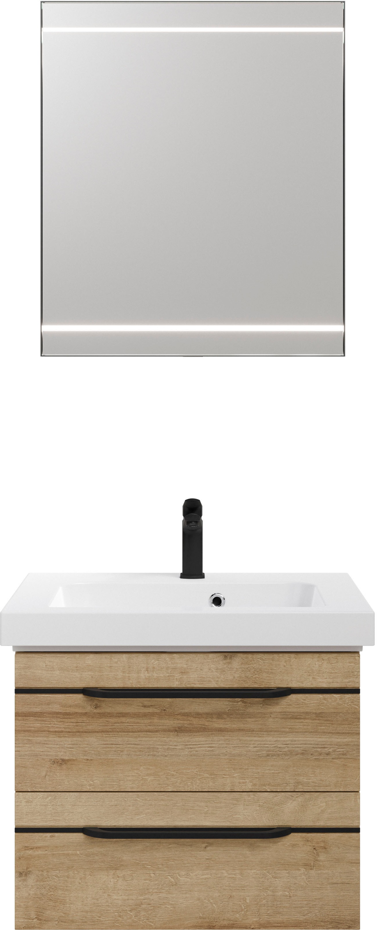 Saphir Badmöbel-Set »Balto 2-teilig Mineralmarmor-Waschtisch mit LED-Spiegel, Waschplatz«, (2 St.), 64,4 cm breit, mit 2 Schubladen, Badschrank inkl. Schubladendämpfer