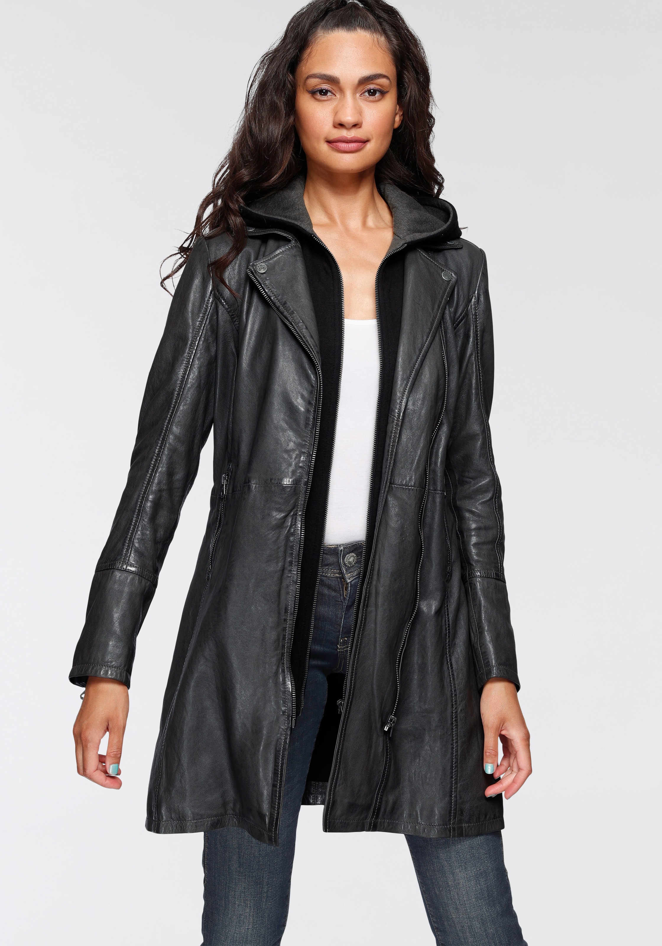 Mauritius Ledermantel "Seneka", lange Lederjacke mit abzippbarem Kapuzen-Ei günstig online kaufen