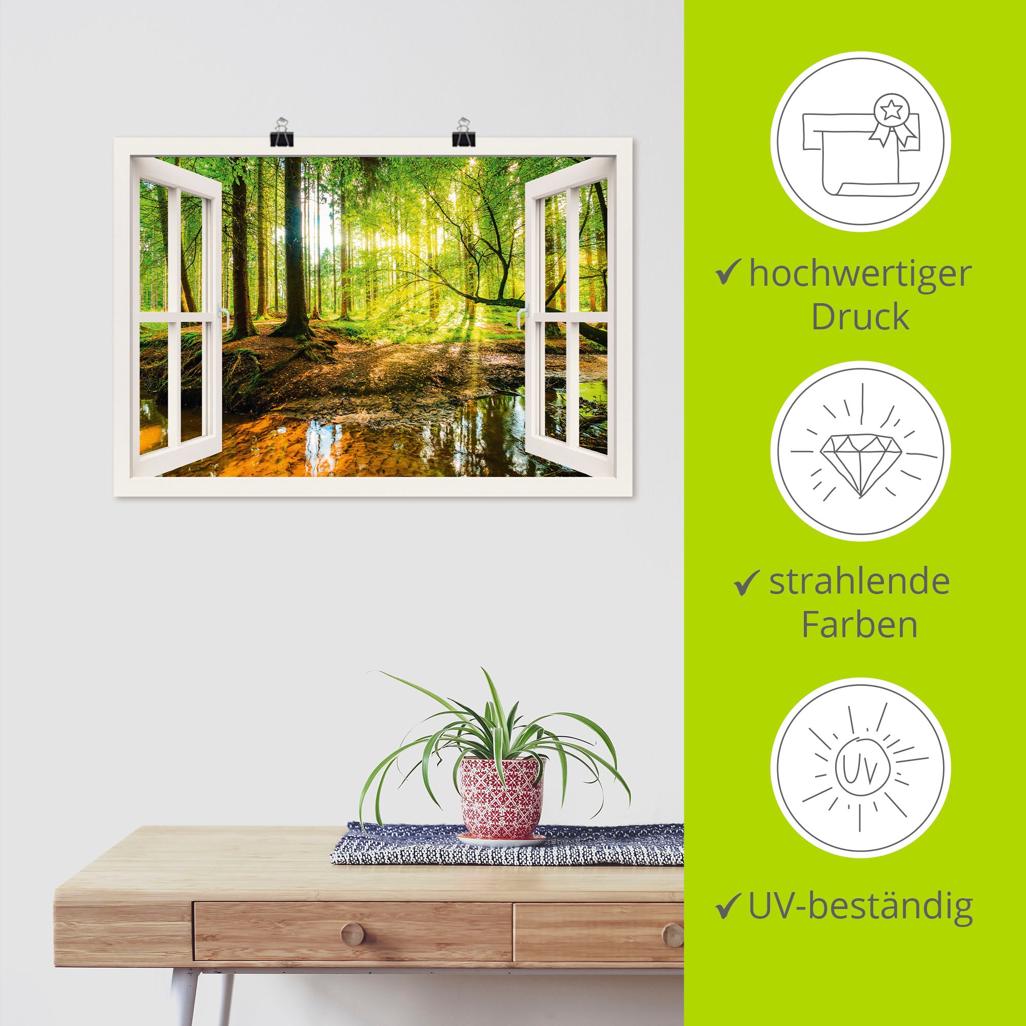 Artland Wandbild »Fensterblick - Wald mit Bach«, Wald, (1 St.), als Leinwandbild, Poster, Wandaufkleber in verschied. Größen