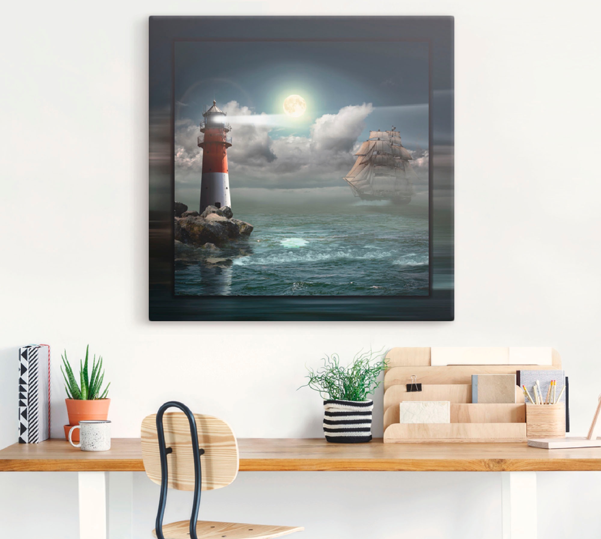 Artland Wandbild »Segelschiff und Leuchtturm bei Nacht«, Gewässer, (1 St.), in vielen Größen & Produktarten -Leinwandbild, Poster, Wandaufkleber / Wandtattoo auch für Badezimmer geeignet