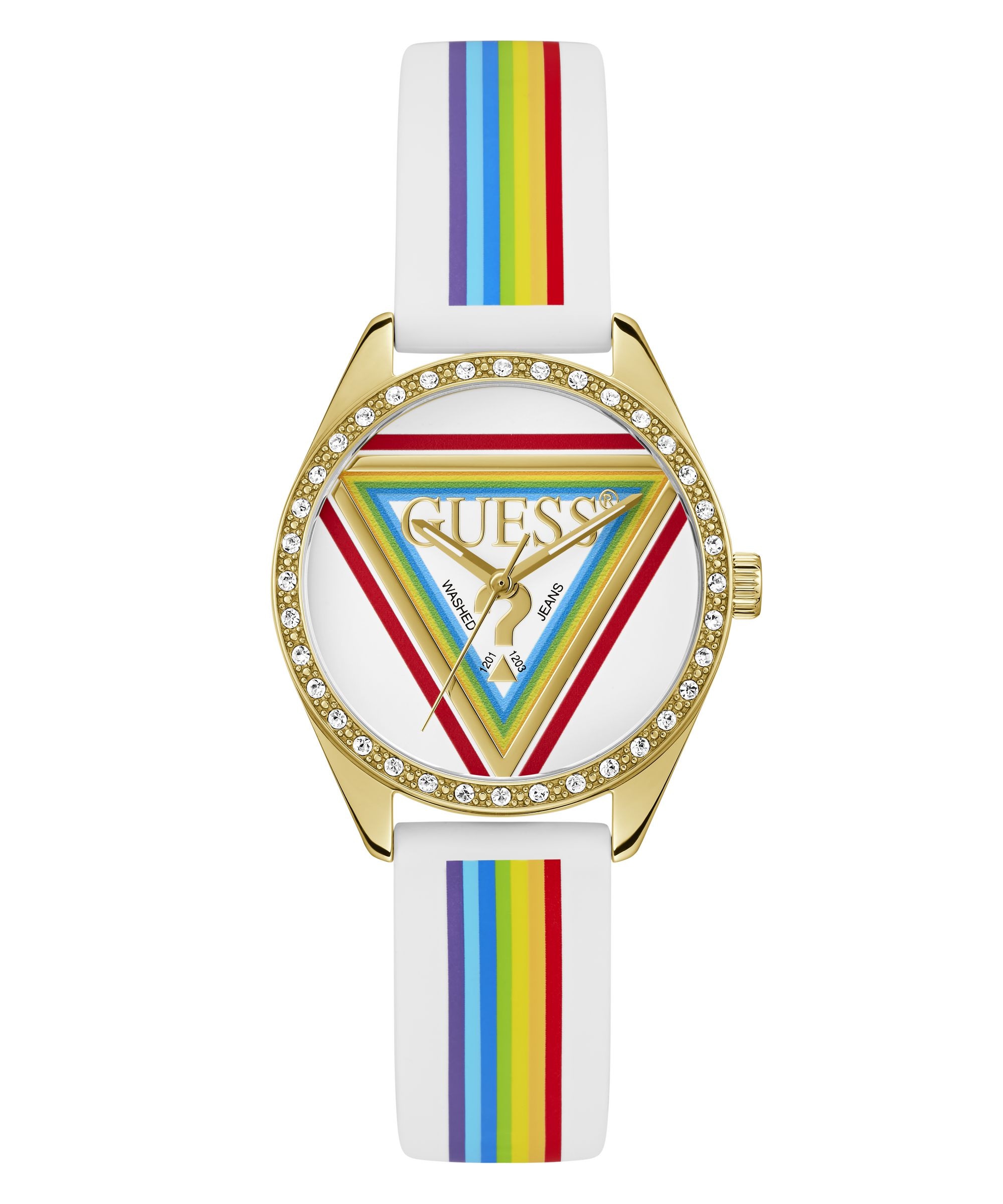 Quarzuhr GUESS "JOY", bunt, goldfarben, Armbanduhren, Damen, Quarzuhr, Armbanduhr, Damenuhr, Silikonarmband, analog