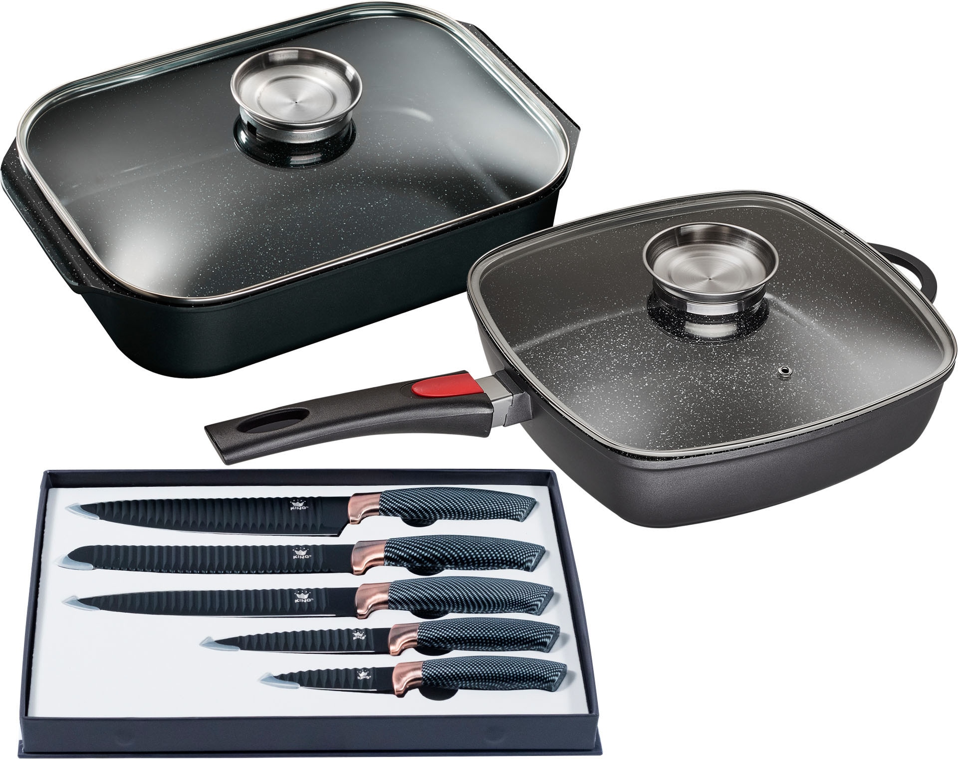 KING Pfannen-Set "Square" Aluminiumguss Set, 1x Eckpfanne 28x28 cm, 1x Bräter 40x26 cm, 1x Messer-Set (5-teilig), 7 Stk. tlg. Induktion, inkl. Messer-Set