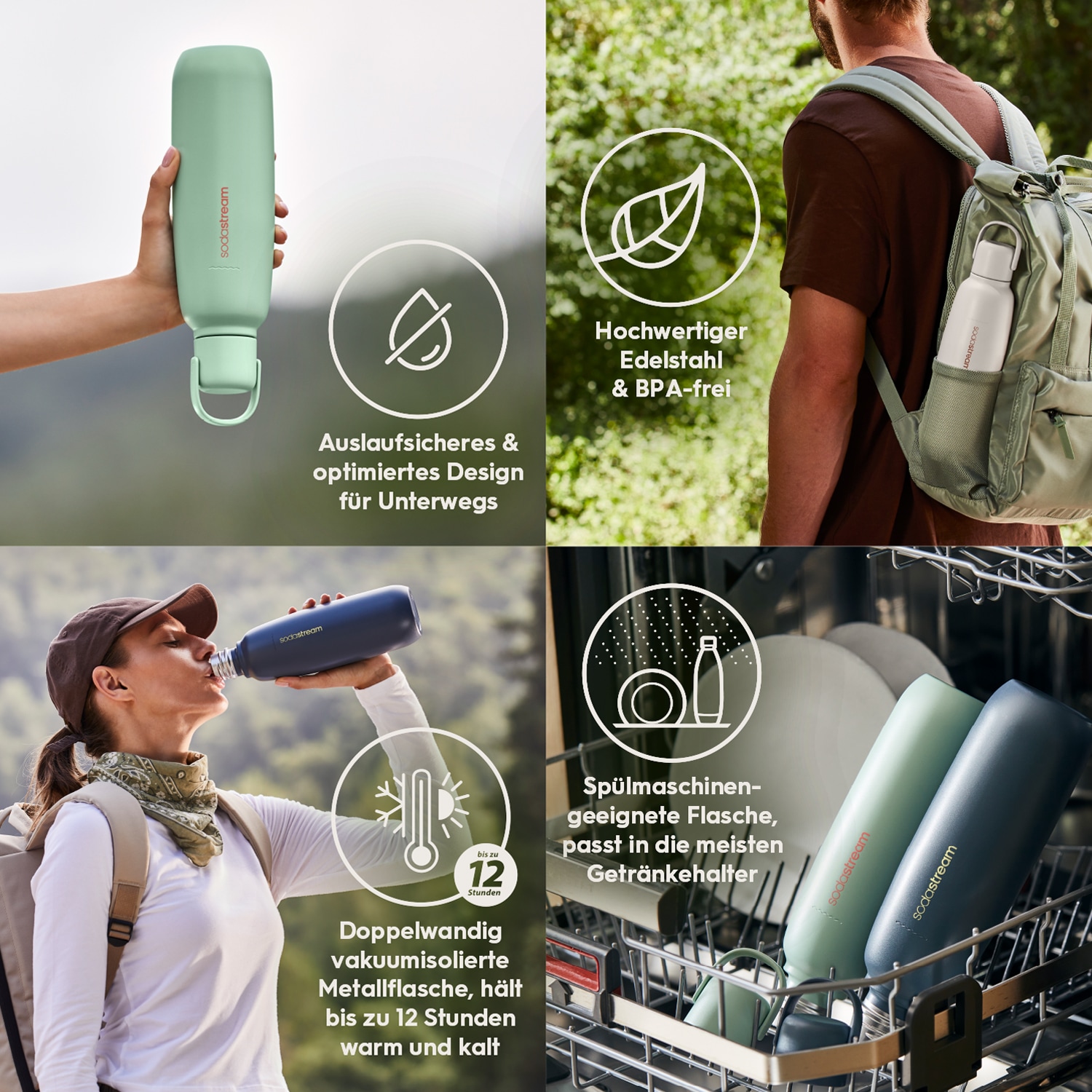 SodaStream Thermoflasche »Metallflasche Fizz&go COOL DWS, 0,9 l, Trinkflasche« kompatibel mit SodaStream DUO, E-DUO, TERRA, ART & ENSO Wassersprudler