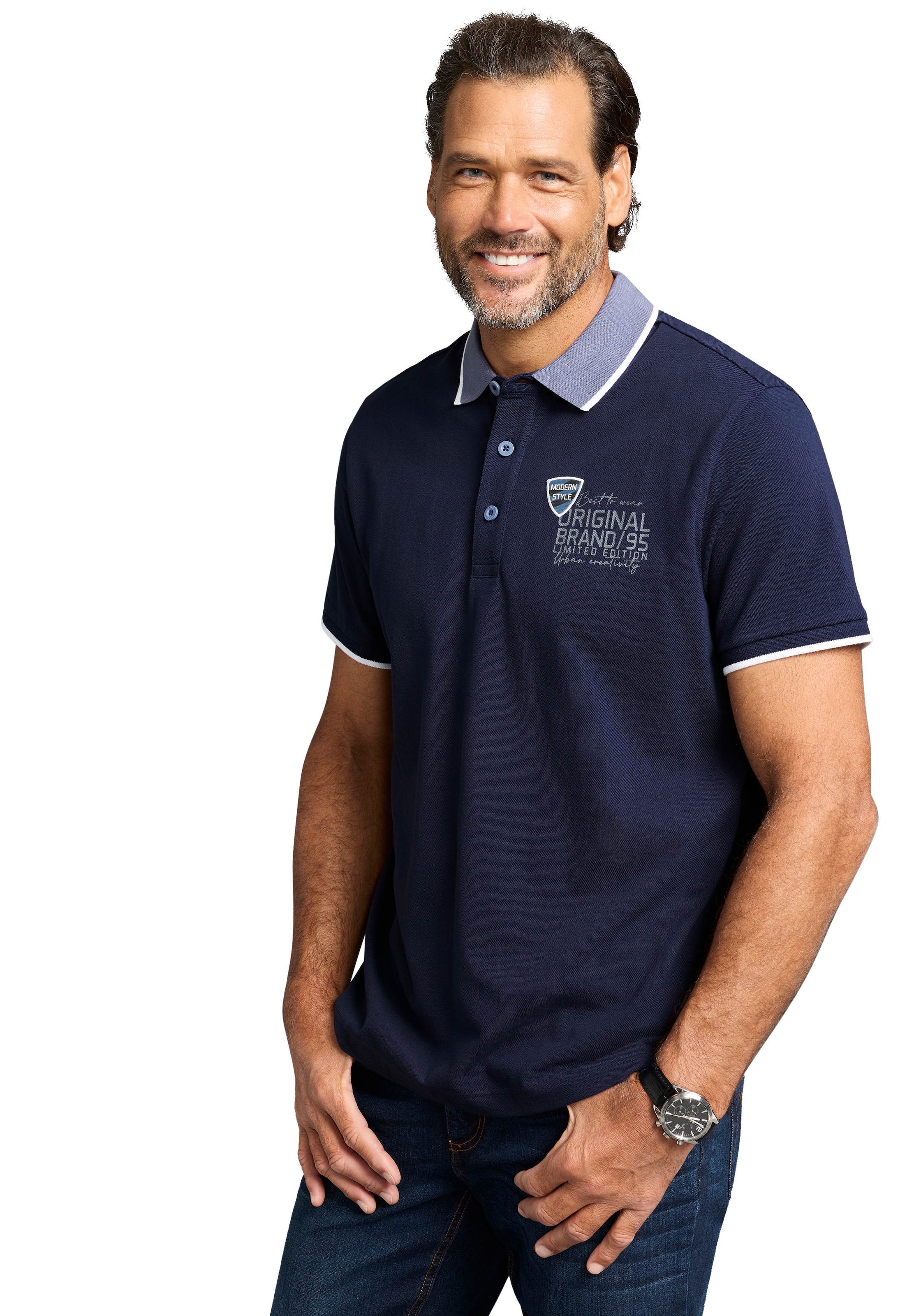 Mans World Poloshirt, mit Brustprint, meliertes Material günstig online kaufen