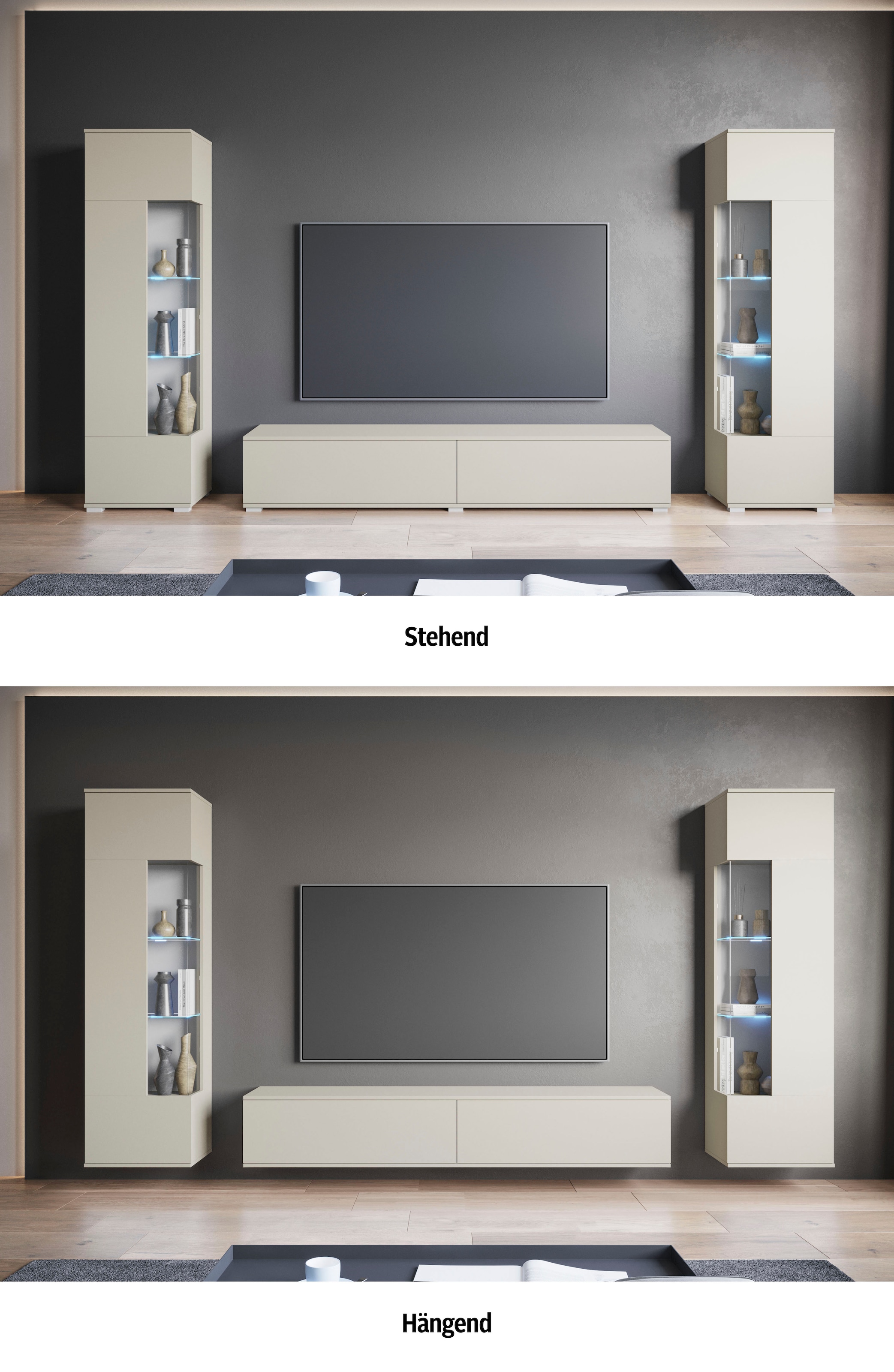 INOSIGN Wohnwand »Kenia, Vitrine Türanschlag links/rechts wechselbar«, (3 St.), Vitrinen mit Eckverglasung, hängend und stehend montierbar