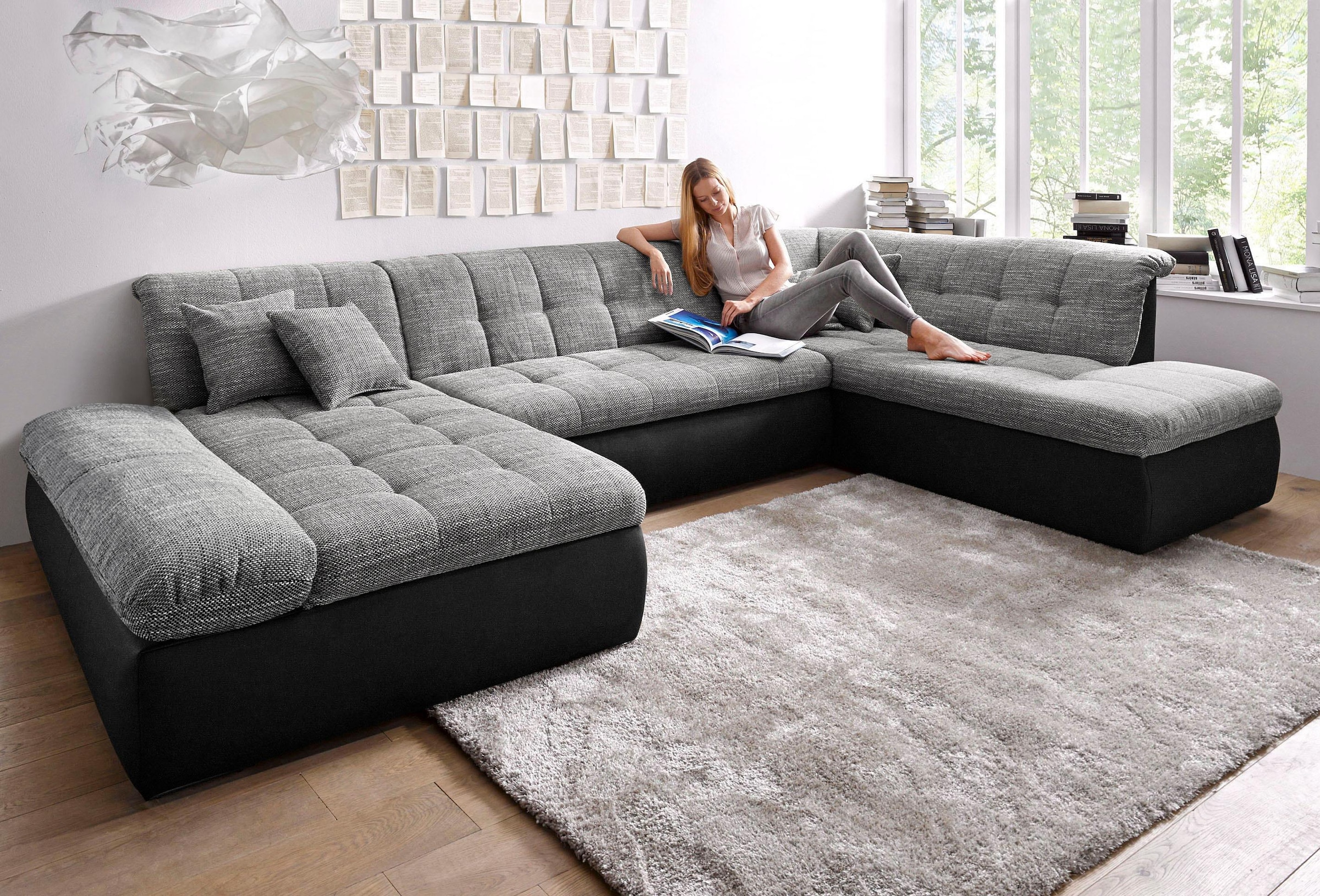 DOMO collection Wohnlandschaft "MORIC 353x216x80 cm, mit viel Platz, U-Form, auch in Cord" im XXL-Format, wahlweise mit Bettfunktion und Armlehnenverstellung