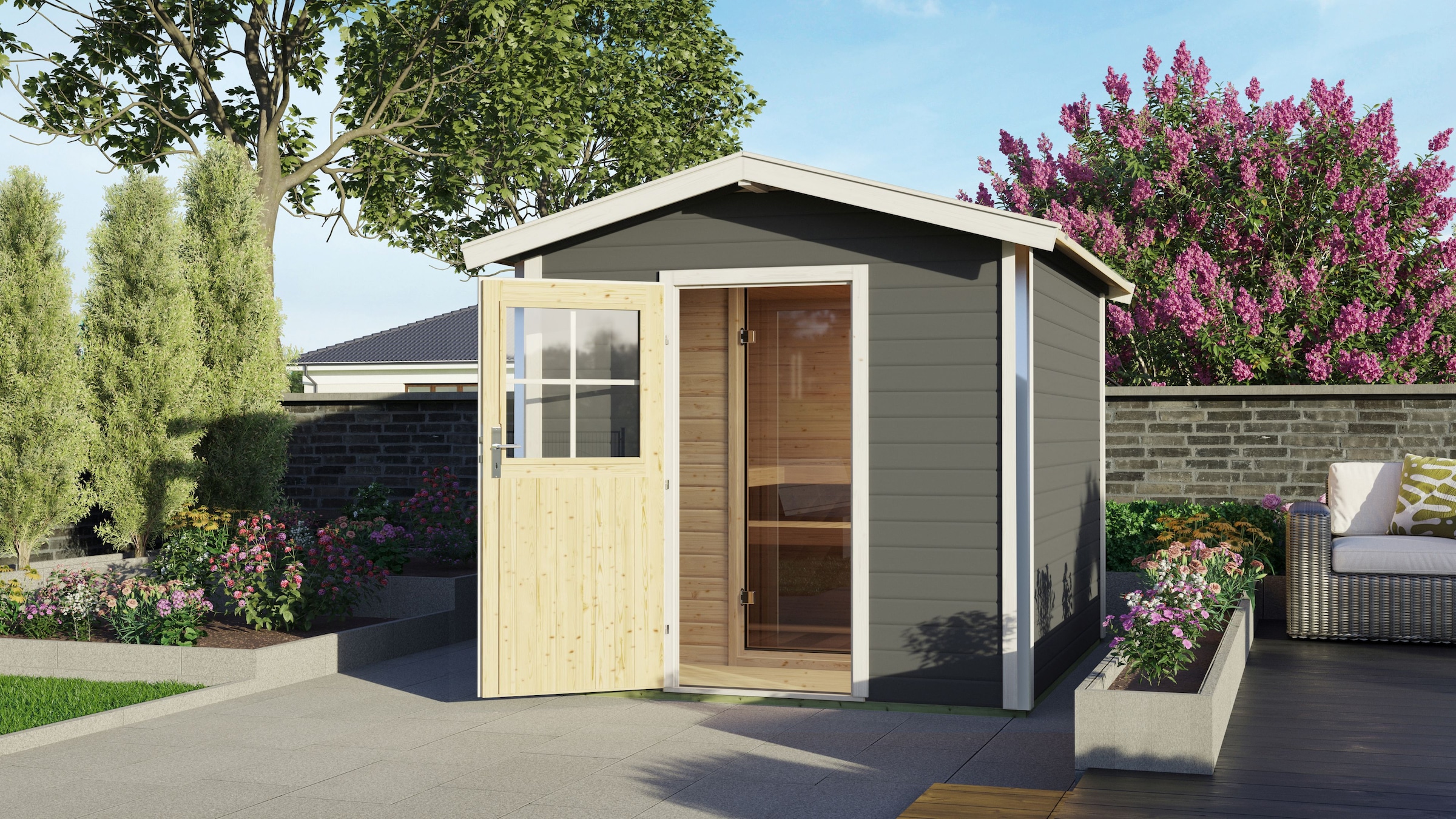 KARIBU Saunahaus "»Bosse 1« mit Vorraum und klassischer Tür, terragrau", ohne Ofen, ohne Steuerung, (ohne Ofen), grau, Garten, Saunen, Mit 9 kW Ofen