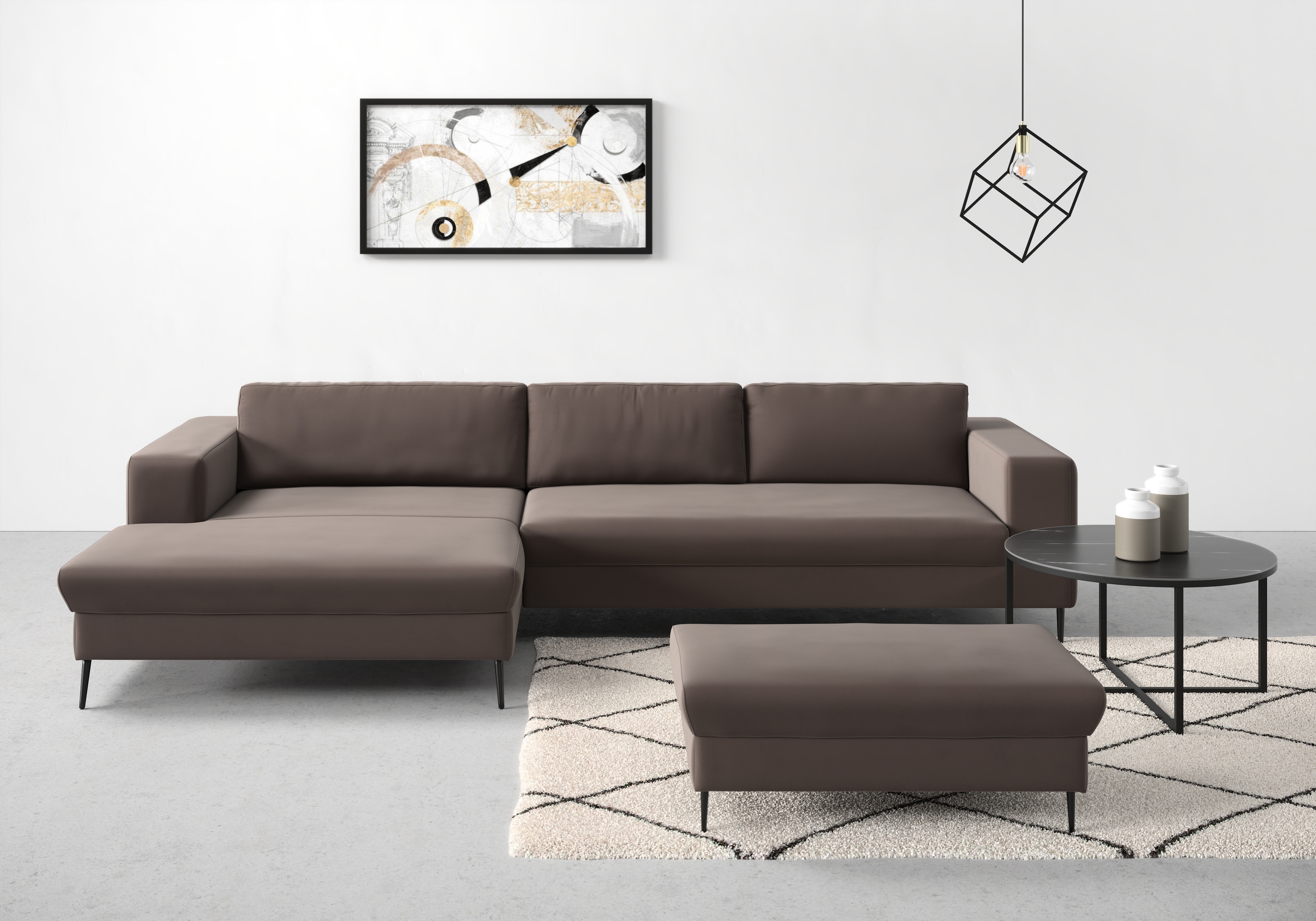 DOMO collection Ecksofa "Modica, zeitlos & elegant, Breite 329cm, hoher Fuß, bequem, L-Form" Auch in Cord, Fußhöhe passend für gängige Saugroboter