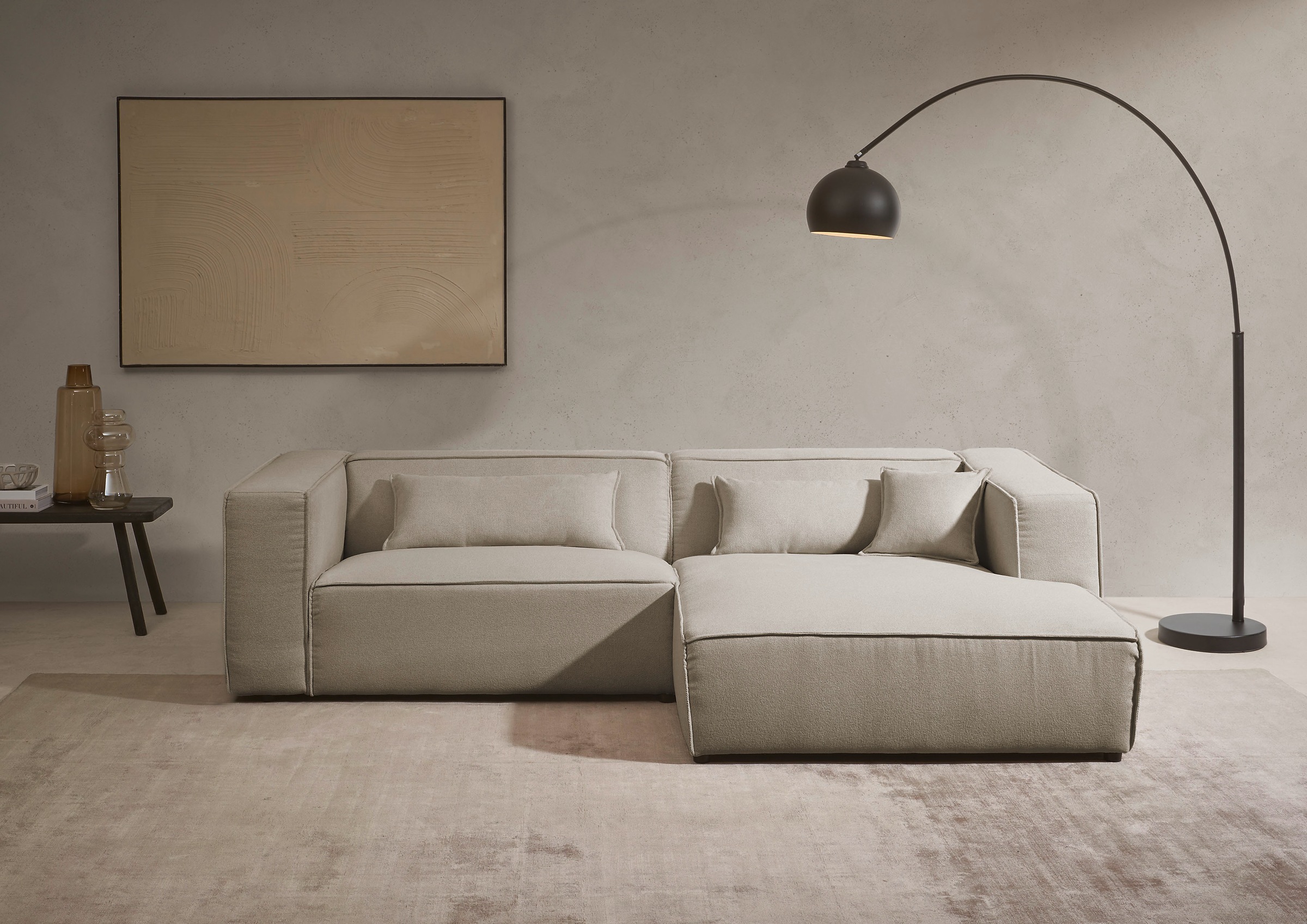 LeGer Home by Lena Gercke Ecksofa »PIARA mit Kedernaht in Cord oder Leinenoptik, moderne Couch in L-Form«, wahlweise Ottomane rechts/links, schwarze Füße, bequemer Sitzkomfort