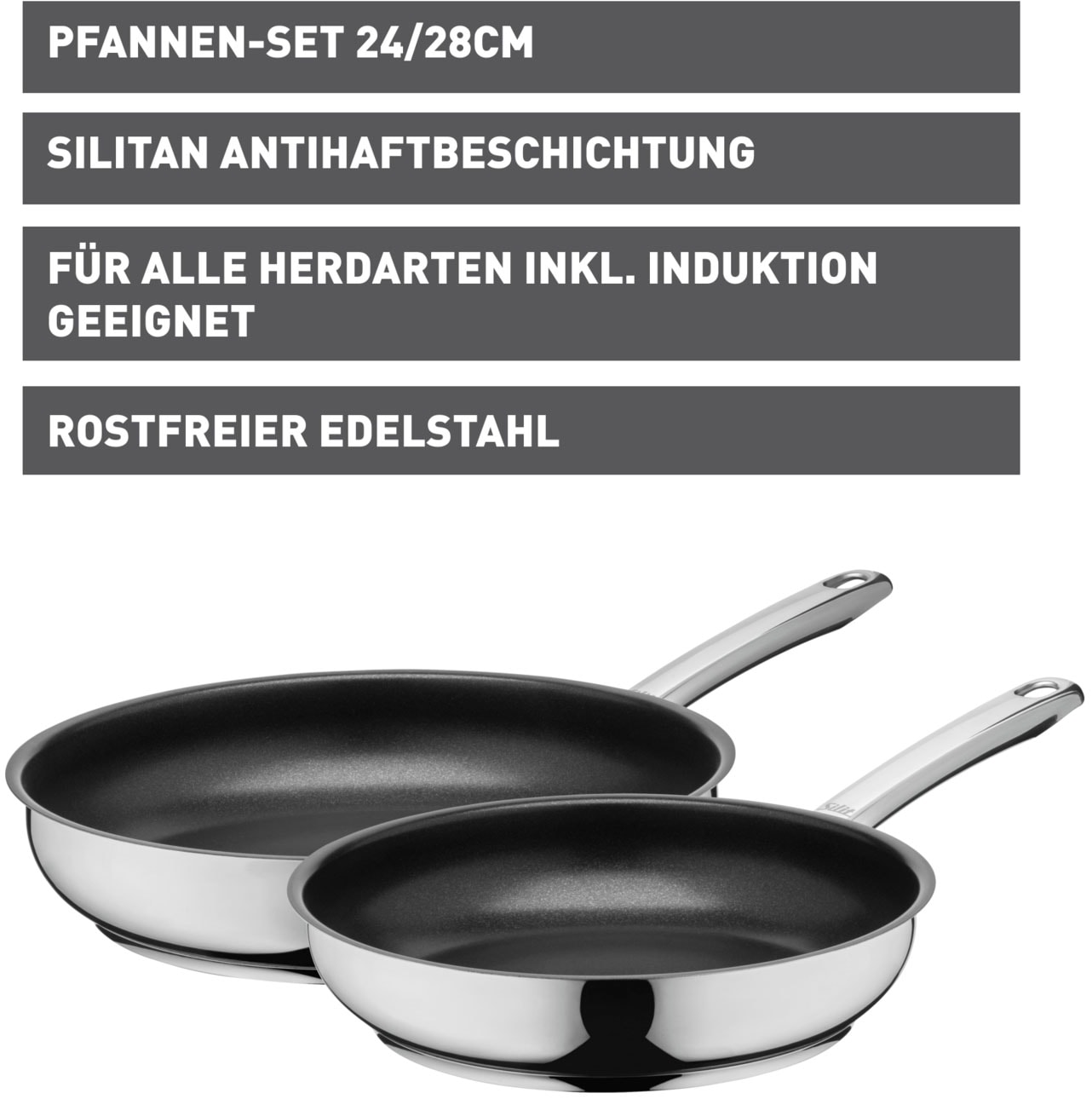Silit Pfannen-Set »Calabria«, Edelstahl 18/10, (Set, 2 tlg., Stielpfanne 24 cm und 28 cm), Silitan Antihaftversiegelung, polierter Edelstahl, induktionsgeeignet